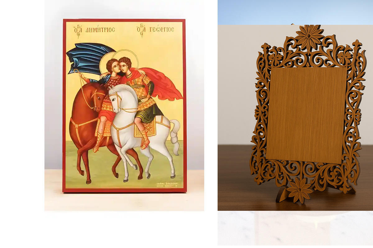 Εικόνα Ορθοδοξίας Δαντέλα μαζι με  Βάση σε  8 χρώματα με περίγραμμα χρυσό σε ξύλο Plywood (Πλακάζ)   με  βάση Άγιοι Γεώργιος και Δημήτριος Έφιππος, Ξύλινη Χειροποίητη Εικόνα Ελληνικού Βυζαντινού Στυλ Κρεμαστή σε ξύλινη πλάκα Χειροποίητη Ελληνορθόδοξη εικό