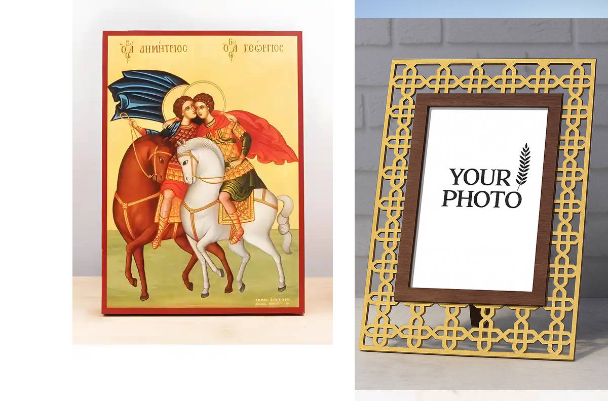 Εικόνα Ορθοδοξίας Πολυτελείας  με  σχεδιο Σταυρούς μαζι με  Βάση σε  8 χρώματα με περίγραμμα χρυσό σε ξύλο Plywood (Πλακάζ)   με  βάση Άγιοι Γεώργιος και Δημήτριος Έφιππος, Ξύλινη Χειροποίητη Εικόνα Ελληνικού Βυζαντινού Στυλ Κρεμαστή σε ξύλινη πλάκα Χειρο