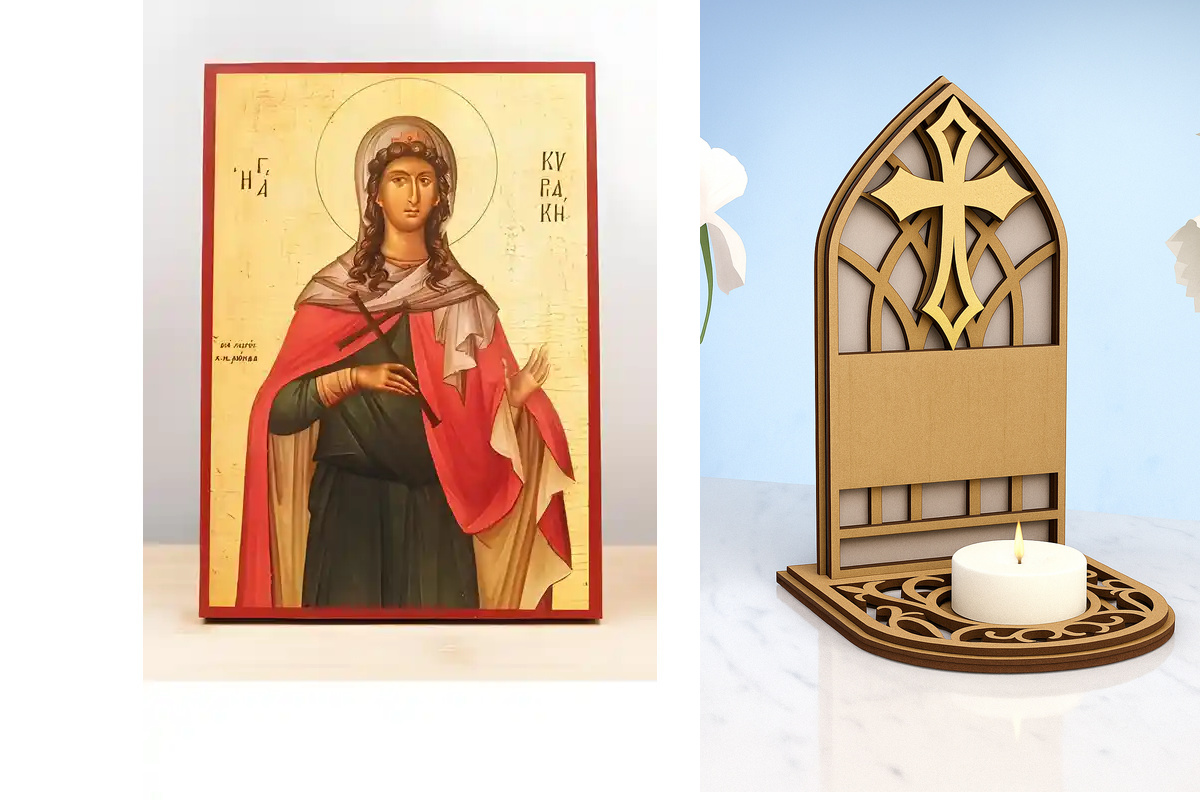 Εικόνα Ορθοδοξίας Καντηλάκι σε  8 χρώματα με περίγραμμα χρυσό σε ξύλο Plywood (Πλακάζ)   με  βάση Αγία Κυριακή η Μεγαλομάρτυς, Ξύλινη Χειροποίητη Εικόνα Ελληνικής Premium Βυζαντινής Στυλ Κρεμαστή σε ξύλινη πλάκα Θρησκευτικό θέμα Χειροποίητη Ελληνορθόδοξη