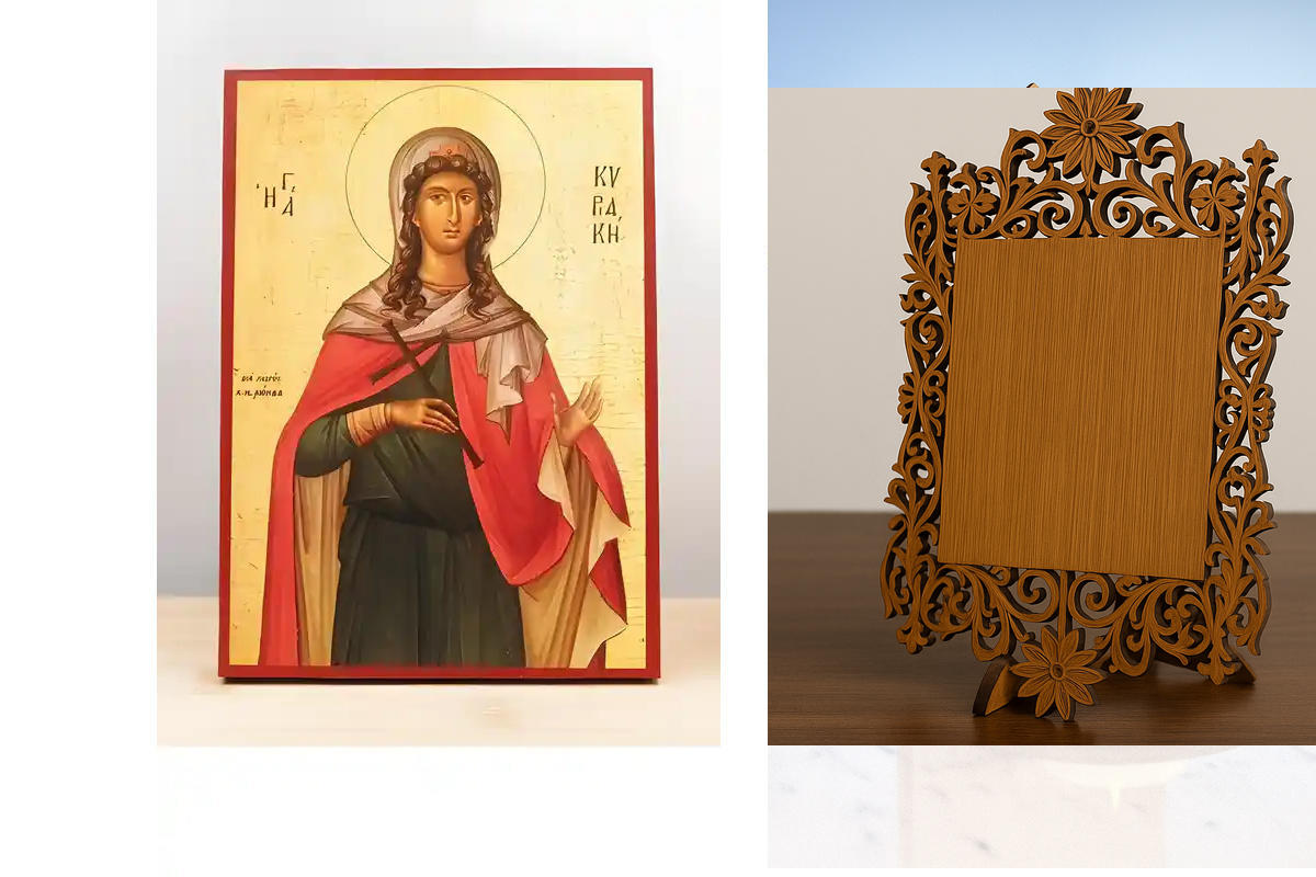 Σετ 2 τεμαχίων – Εικόνα Ορθοδοξίας Δαντέλα μαζι με  Βάση σε  8 χρώματα με περίγραμμα χρυσό σε ξύλο Plywood (Πλακάζ)   με  βάση Αγία Κυριακή η Μεγαλομάρτυς, Ξύλινη Χειροποίητη Εικόνα Ελληνικής Premium Βυζαντινής Στυλ Κρεμαστή σε ξύλινη πλάκα Θρησκευτικό θέ