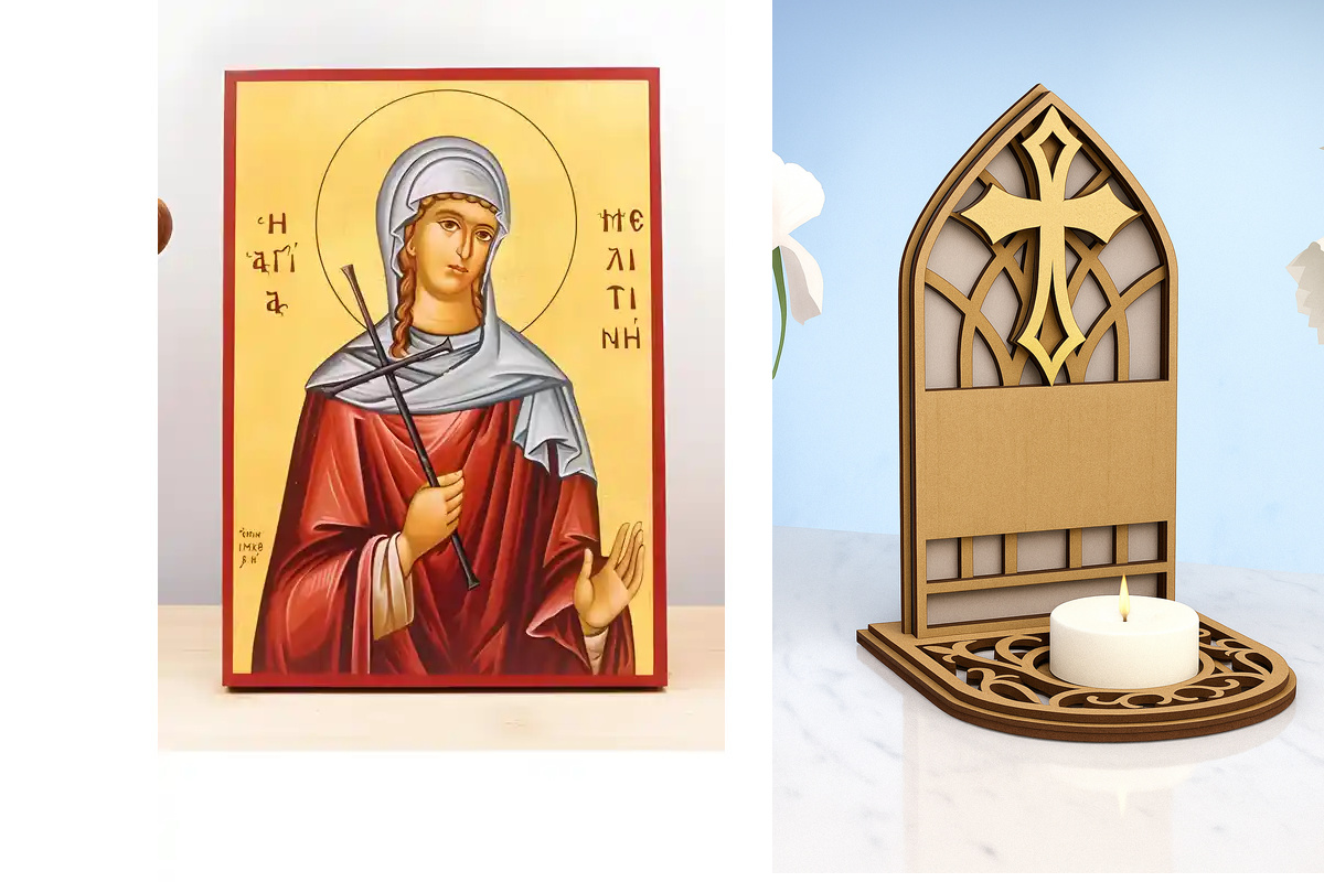 Εικόνα Ορθοδοξίας Καντηλάκι σε  8 χρώματα με περίγραμμα χρυσό σε ξύλο Plywood (Πλακάζ)   με  βάση Αγία Μελιτίνη της Μαρκιανόπολης, Ξύλινη Χειροποίητη Εικόνα Ελληνικού Premium Βυζαντινού Στυλ Κρεμαστή σε ξύλινη πλάκα Θρησκευτικό θέμα Χειροποίητη Ελληνορθόδ