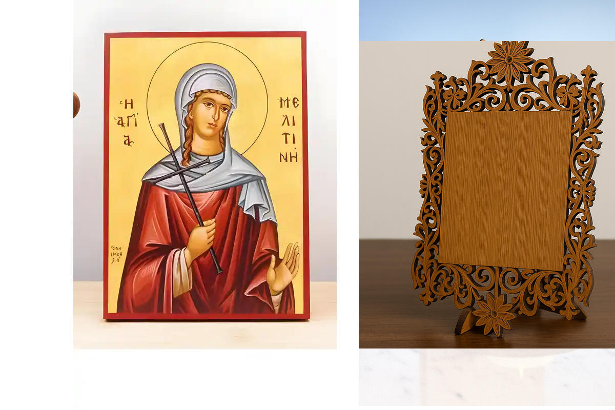Σετ 2 τεμαχίων – Εικόνα Ορθοδοξίας Δαντέλα μαζι με  Βάση σε  8 χρώματα με περίγραμμα χρυσό σε ξύλο Plywood (Πλακάζ)   με  βάση Αγία Μελιτίνη της Μαρκιανόπολης, Ξύλινη Χειροποίητη Εικόνα Ελληνικού Premium Βυζαντινού Στυλ Κρεμαστή σε ξύλινη πλάκα Θρησκευτικ