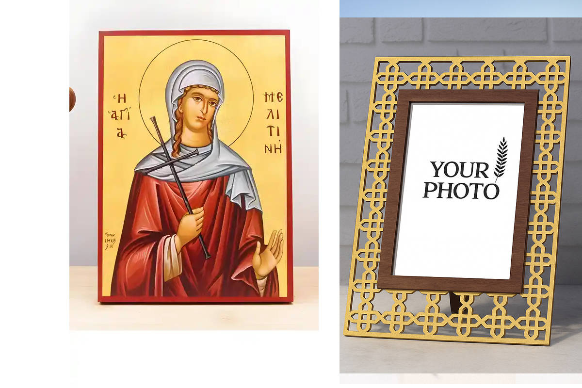 Εικόνα Ορθοδοξίας Πολυτελείας  με  σχεδιο Σταυρούς μαζι με  Βάση σε  8 χρώματα με περίγραμμα χρυσό σε ξύλο Plywood (Πλακάζ)   με  βάση Αγία Μελιτίνη της Μαρκιανόπολης, Ξύλινη Χειροποίητη Εικόνα Ελληνικού Premium Βυζαντινού Στυλ Κρεμαστή σε ξύλινη πλάκα Θρ