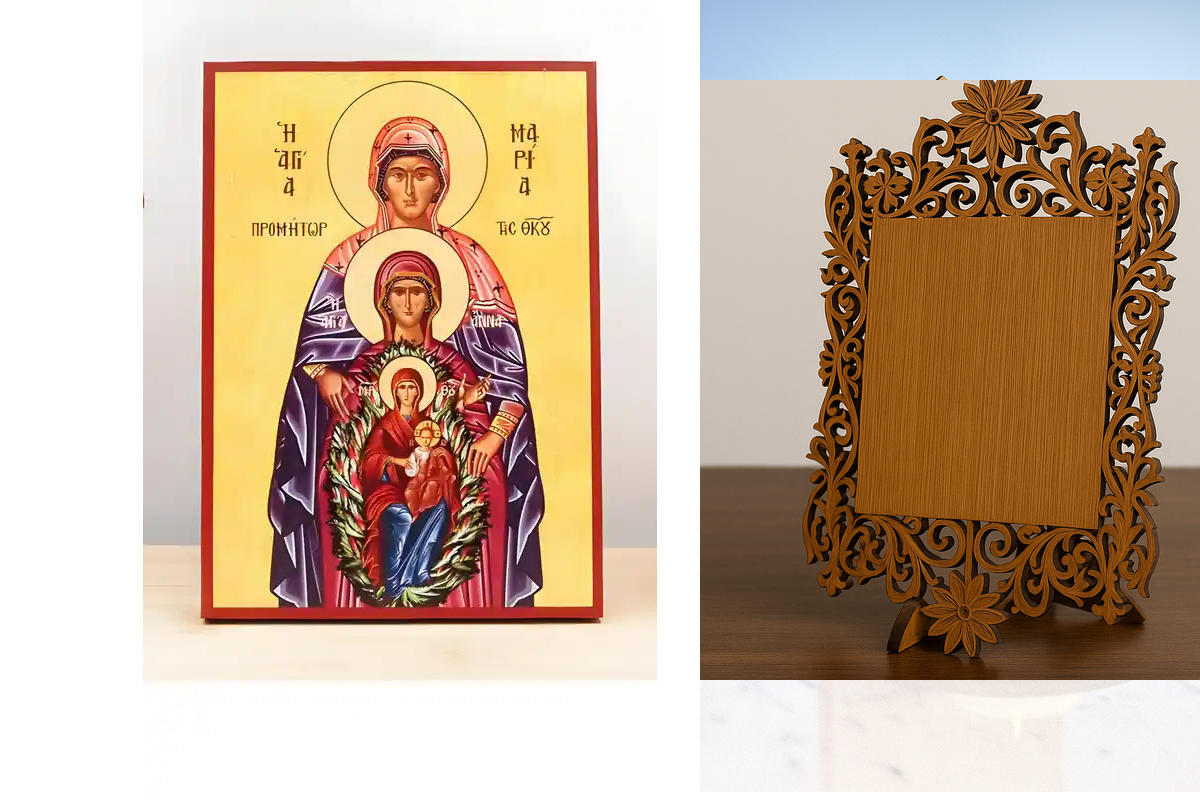 Εικόνα Ορθοδοξίας Δαντέλα μαζι με  Βάση σε  8 χρώματα με περίγραμμα χρυσό σε ξύλο Plywood (Πλακάζ)   με  βάση Οι Αγίες Μαρία και Άννα οι Δίκαιοι Πρόγονοι του Θεού με την Παναγία και τον Ιησού Χριστό, Ξύλινη Χειροποίητη Εικόνα Ελληνικής Βυζαντινής Στυλ Χει