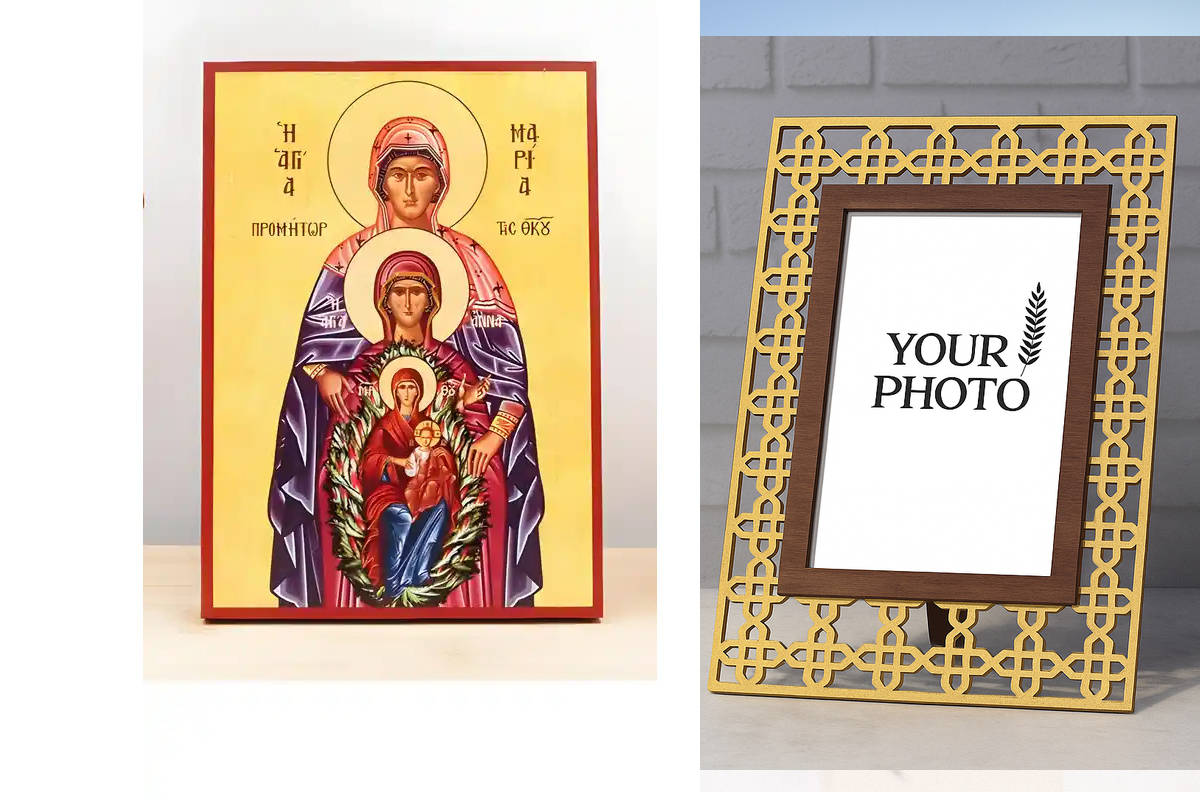 Εικόνα Ορθοδοξίας Πολυτελείας  με  σχεδιο Σταυρούς μαζι με  Βάση σε  8 χρώματα με περίγραμμα χρυσό σε ξύλο Plywood (Πλακάζ)   με  βάση Οι Αγίες Μαρία και Άννα οι Δίκαιοι Πρόγονοι του Θεού με την Παναγία και τον Ιησού Χριστό, Ξύλινη Χειροποίητη Εικόνα Ελλη