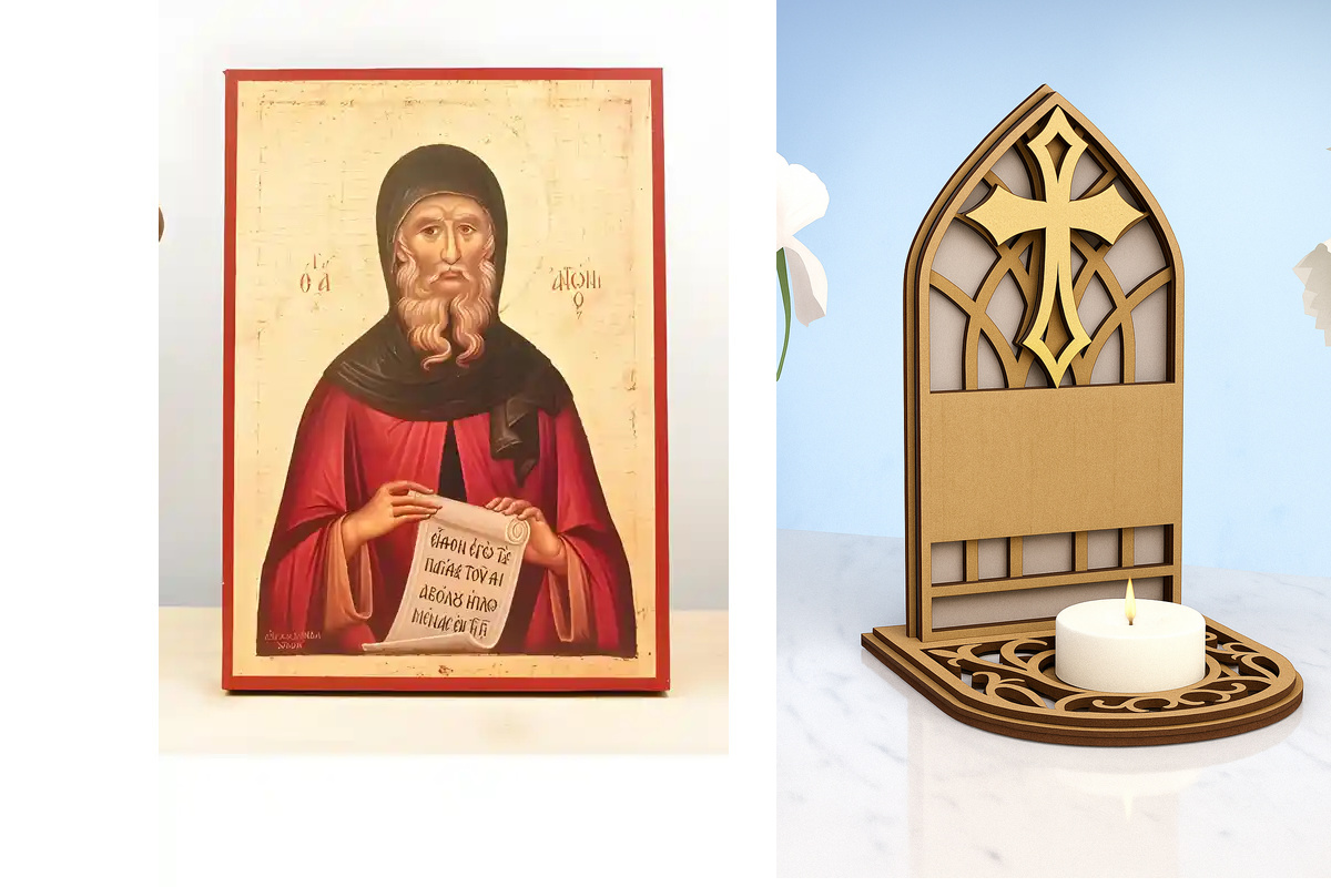Εικόνα Ορθοδοξίας Καντηλάκι σε  8 χρώματα με περίγραμμα χρυσό σε ξύλο Plywood (Πλακάζ)   με  βάση Άγιος Αντώνιος ο Μέγας, Ξύλινη Χειροποίητη Εικόνα Ελληνικής Premium Βυζαντινού Στυλ Κρεμασμένη σε ξύλινη πλάκα Χειροποίητη Ελληνορθόδοξη εικόνα του Ιησού Χρι