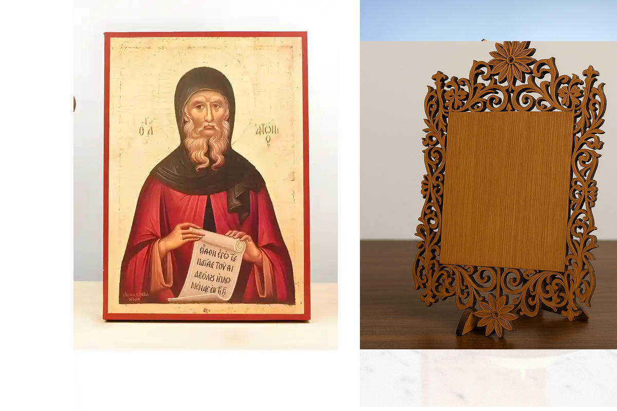 Σετ 2 τεμαχίων – Εικόνα Ορθοδοξίας Δαντέλα μαζι με  Βάση σε  8 χρώματα με περίγραμμα χρυσό σε ξύλο Plywood (Πλακάζ)   με  βάση Άγιος Αντώνιος ο Μέγας, Ξύλινη Χειροποίητη Εικόνα Ελληνικής Premium Βυζαντινού Στυλ Κρεμασμένη σε ξύλινη πλάκα Χειροποίητη Ελλην