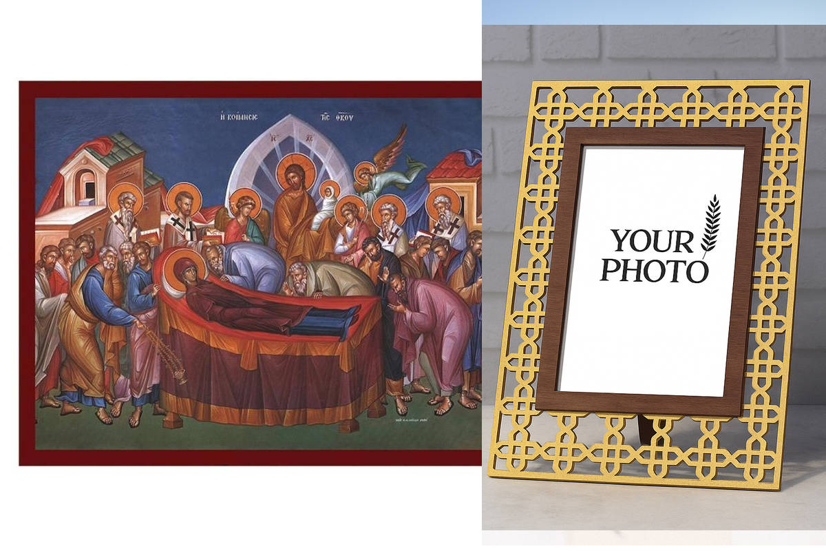 Εικόνα Ορθοδοξίας Πολυτελείας  με  σχεδιο Σταυρούς μαζι με  Βάση σε  8 χρώματα με περίγραμμα χρυσό σε ξύλο Plywood (Πλακάζ)   με  βάση Εικόνα Κοίμησης της Θεοτόκου, Χειροποίητη Βυζαντινή εικόνα Κοίμησης της Θεοτόκου, Κρεμαστή πλάκα θρησκευτικής τέχνης, χρ