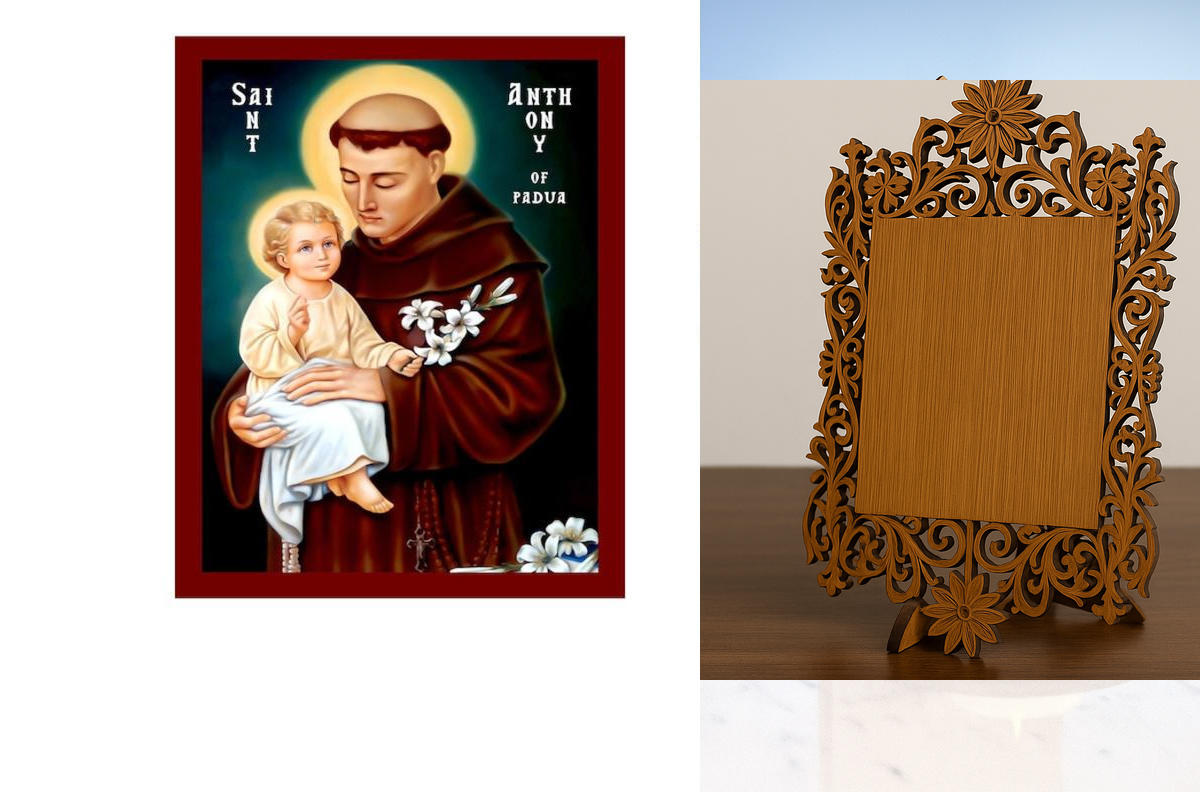 Εικόνα Ορθοδοξίας Δαντέλα μαζι με  Βάση σε  8 χρώματα με περίγραμμα χρυσό σε ξύλο Plywood (Πλακάζ)   με  βάση Εικόνα Αγίου Αντωνίου της Πάδοβας, Χειροποίητη Χριστιανική Εικόνα του Αγίου Αντωνίου, Πλακέτα Βυζαντινής Τέχνης, Χριστιανική Θρησκευτική Τέχνη Δι