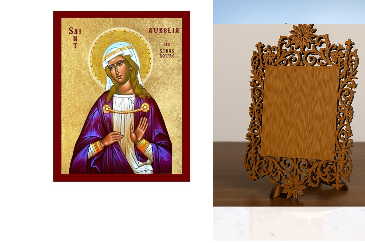 Εικόνα Ορθοδοξίας Δαντέλα μαζι με  Βάση σε  8 χρώματα με περίγραμμα χρυσό σε ξύλο Plywood (Πλακάζ)   με  βάση Εικόνα Αγίας Αυρηλίας του Στρασβούργου, Χειροποίητη Χριστιανική Εικόνα Αγίας Αυρηλίας, Κρεμαστή πλάκα Βυζαντινής Τέχνης, Χριστιανική Θρησκευτική