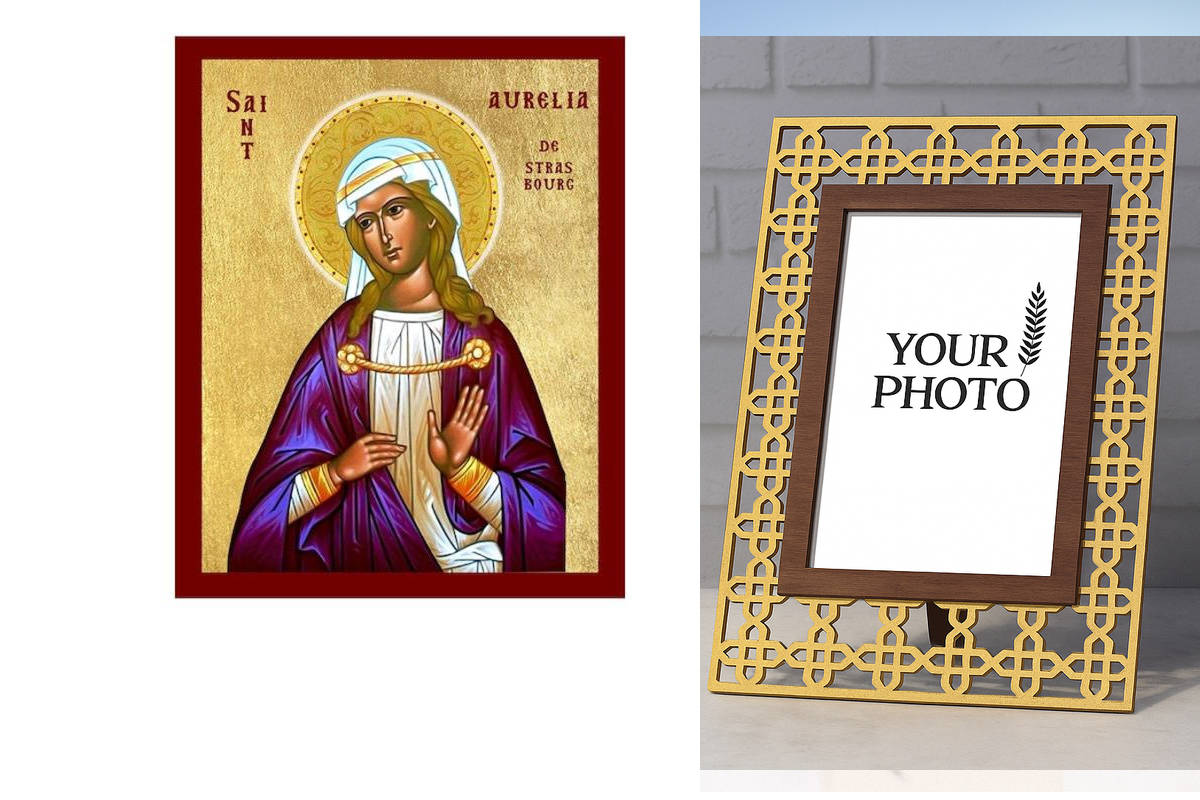 Σετ 2 τεμαχίων – Εικόνα Ορθοδοξίας Πολυτελείας  με  σχεδιο Σταυρούς μαζι με  Βάση σε  8 χρώματα με περίγραμμα χρυσό σε ξύλο Plywood (Πλακάζ)   με  βάση Εικόνα Αγίας Αυρηλίας του Στρασβούργου, Χειροποίητη Χριστιανική Εικόνα Αγίας Αυρηλίας, Κρεμαστή πλάκα Β