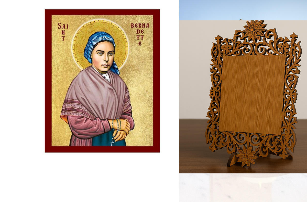 Εικόνα Ορθοδοξίας Δαντέλα μαζι με  Βάση σε  8 χρώματα με περίγραμμα χρυσό σε ξύλο Plywood (Πλακάζ)   με  βάση Εικόνα Αγίας Βερναντέττης της Λούρδης, Χειροποίητη Χριστιανική Εικόνα της Αγίας Βερναντέττας , Κρεμαστή πλάκα Βυζαντινής Τέχνης, Χριστιανική Θρησ