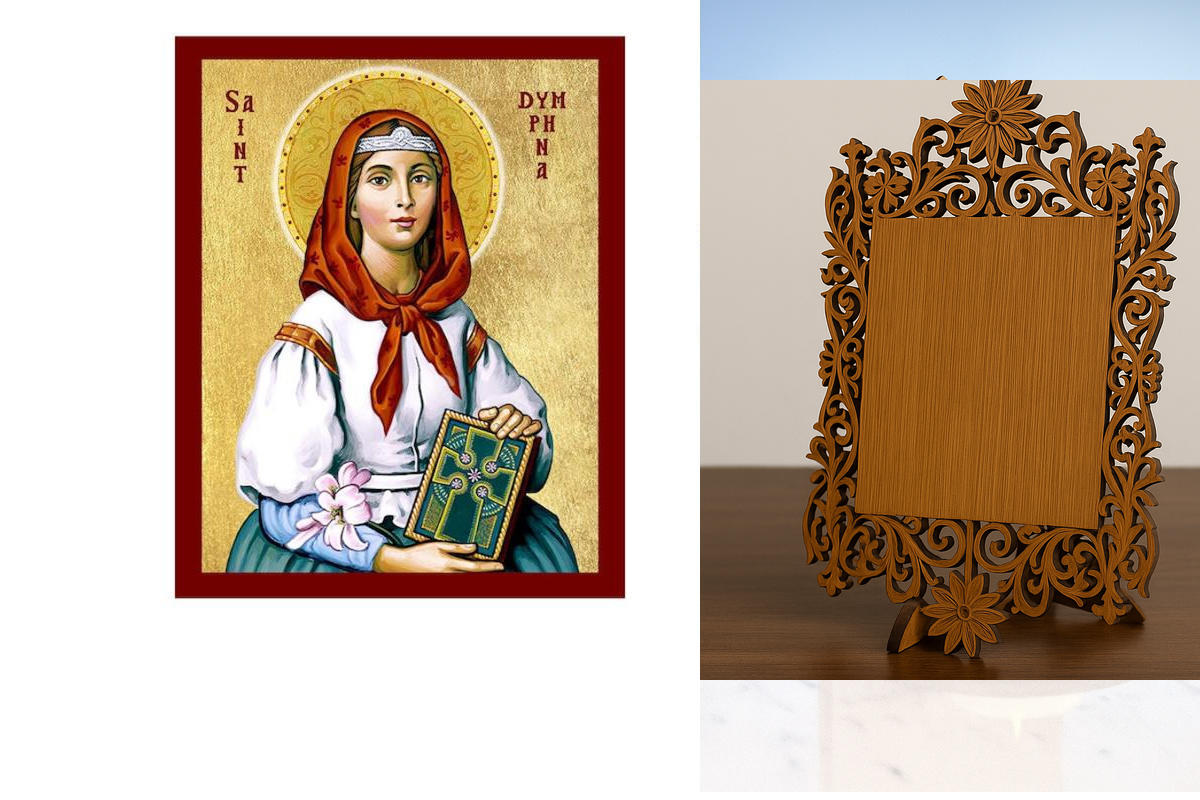 Εικόνα Ορθοδοξίας Δαντέλα μαζι με  Βάση σε  8 χρώματα με περίγραμμα χρυσό σε ξύλο Plywood (Πλακάζ)   με  βάση Εικόνα Αγίας Δύμφνας, Χειροποίητη Χριστιανική Εικόνα Αγίας Δύμφνας, Πλακέτα Βυζαντινής Τέχνης, Χριστιανική Θρησκευτική Τέχνη Διάσταση 45x35 cm (1