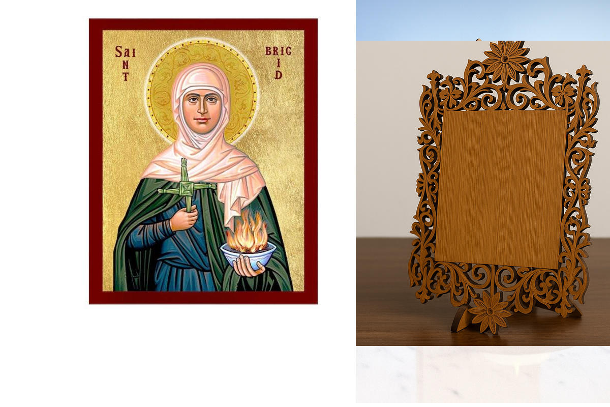 Εικόνα Ορθοδοξίας Δαντέλα μαζι με  Βάση σε  8 χρώματα με περίγραμμα χρυσό σε ξύλο Plywood (Πλακάζ)   με  βάση Εικόνα Saint Brigid of Ireland, Χειροποίητη Χριστιανική Εικόνα της Αγίας Brigid of Ireland, Κρεμαστή πλάκα Βυζαντινής Τέχνης, Χριστιανική Θρησκευ