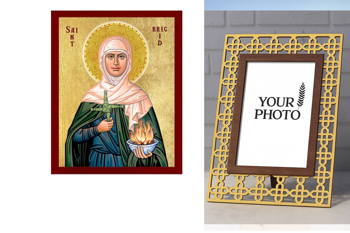 Εικόνα Ορθοδοξίας Πολυτελείας  με  σχεδιο Σταυρούς μαζι με  Βάση σε  8 χρώματα με περίγραμμα χρυσό σε ξύλο Plywood (Πλακάζ)   με  βάση Εικόνα Saint Brigid of Ireland, Χειροποίητη Χριστιανική Εικόνα της Αγίας Brigid of Ireland, Κρεμαστή πλάκα Βυζαντινής Τέ