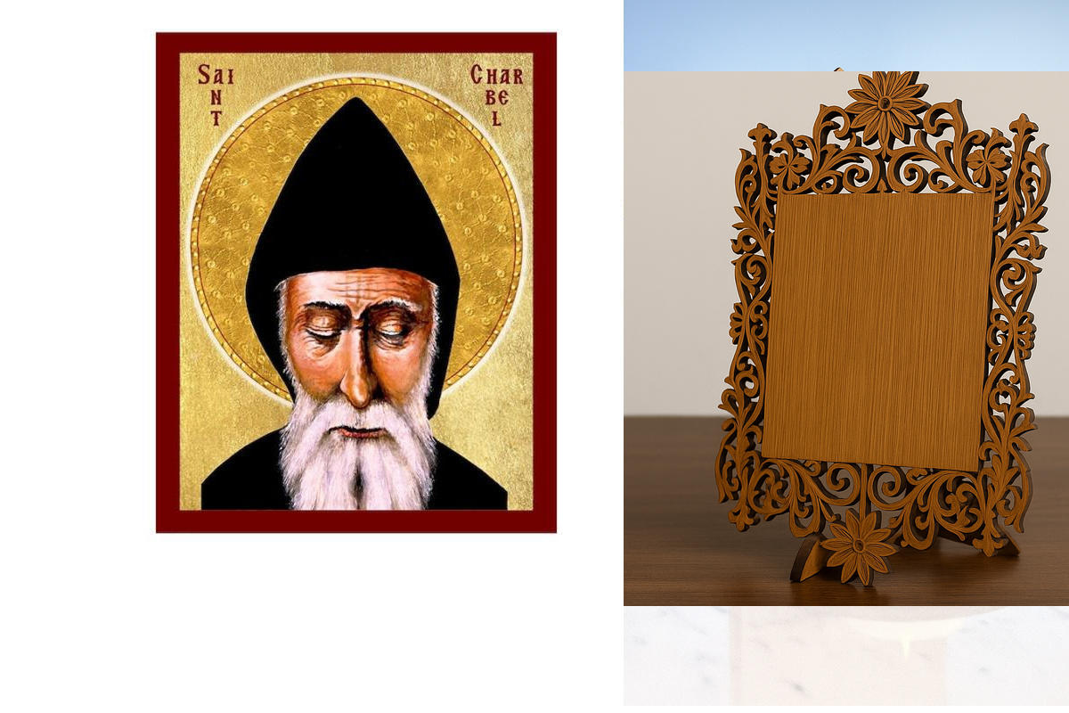 Σετ 2 τεμαχίων – Εικόνα Ορθοδοξίας Δαντέλα μαζι με  Βάση σε  8 χρώματα με περίγραμμα χρυσό σε ξύλο Plywood (Πλακάζ)   με  βάση Εικόνα Saint Sharbel Makhlouf, Χειροποίητη Χριστιανική Εικόνα του Saint Sharbel Makhlouf, Κρεμαστή πλάκα Βυζαντινής Τέχνης, Χρισ