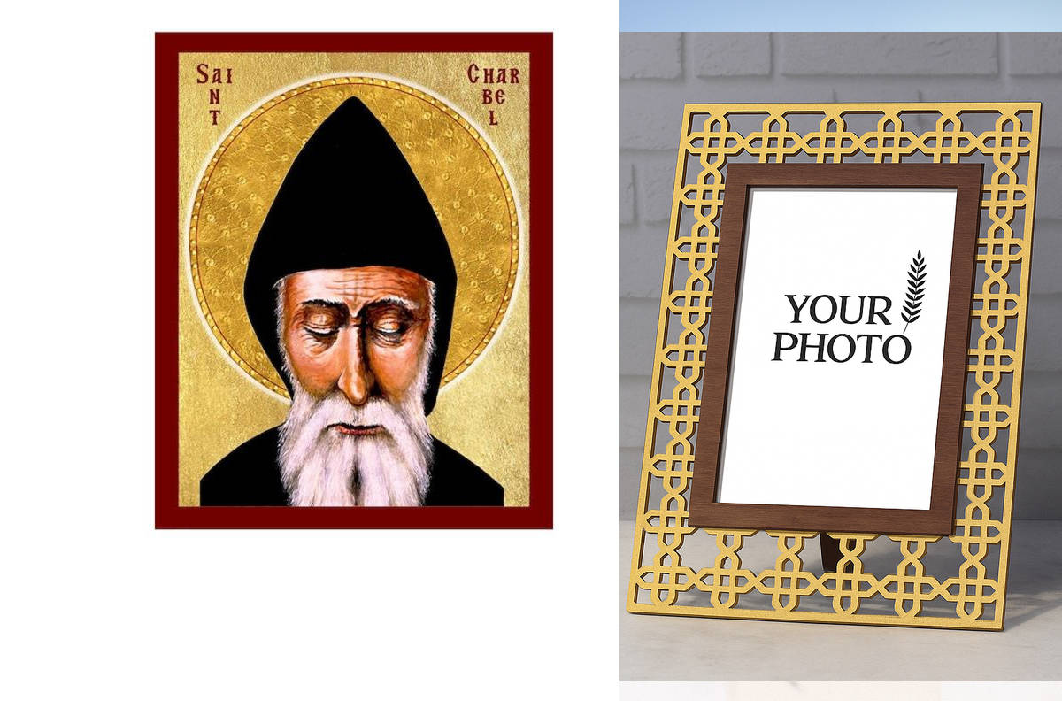 Σετ 2 τεμαχίων – Εικόνα Ορθοδοξίας Πολυτελείας  με  σχεδιο Σταυρούς μαζι με  Βάση σε  8 χρώματα με περίγραμμα χρυσό σε ξύλο Plywood (Πλακάζ)   με  βάση Εικόνα Saint Sharbel Makhlouf, Χειροποίητη Χριστιανική Εικόνα του Saint Sharbel Makhlouf, Κρεμαστή πλάκ