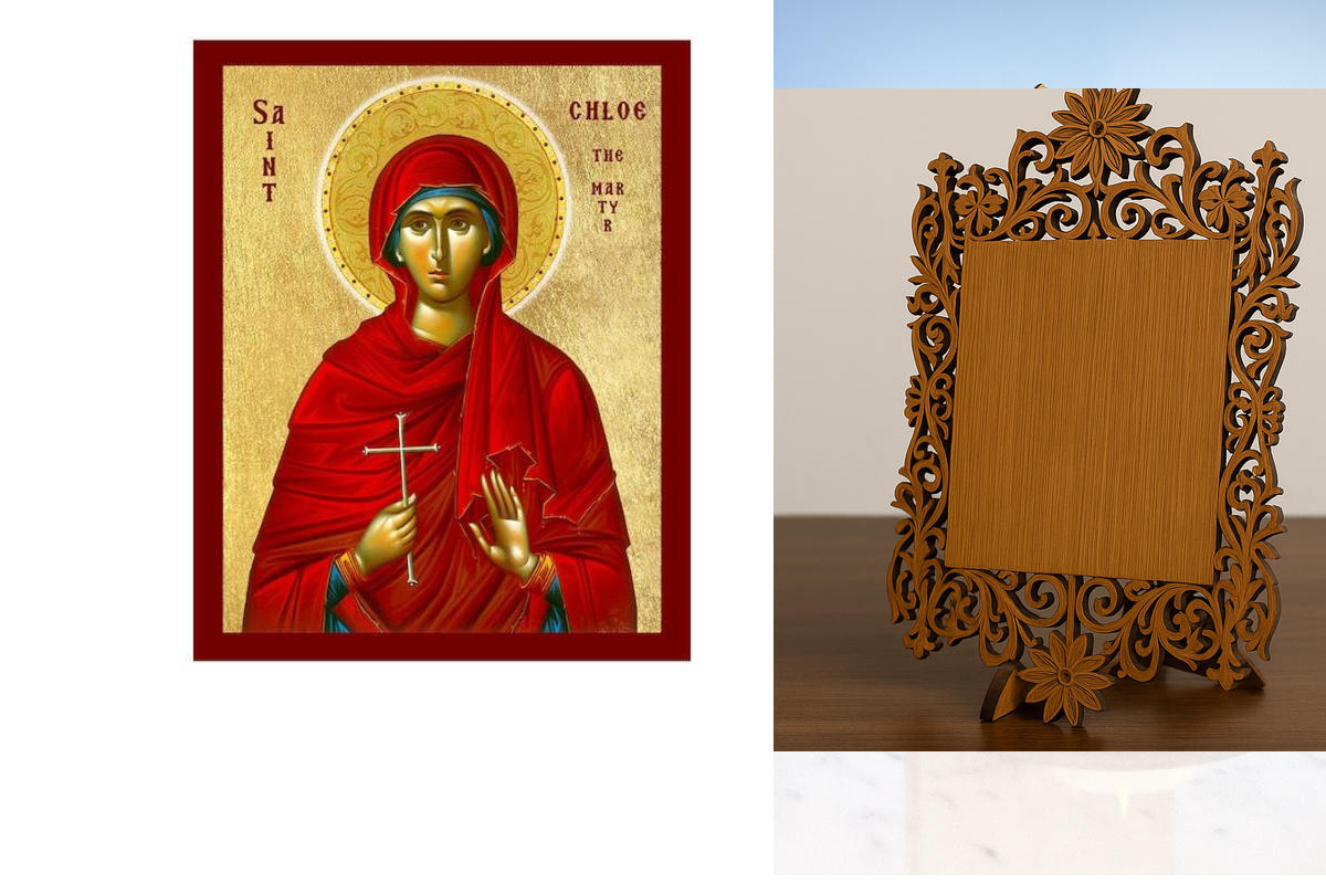 Εικόνα Ορθοδοξίας Δαντέλα μαζι με  Βάση σε  8 χρώματα με περίγραμμα χρυσό σε ξύλο Plywood (Πλακάζ)   με  βάση Εικόνα Αγίας Χλόης, Χειροποίητη Θρησκευτική Εικόνα Αγίας Χλόης, Κρεμαστή πλάκα Βυζαντινής Τέχνης, Χριστιανική Θρησκευτική Τέχνη Διάσταση 40x30 cm