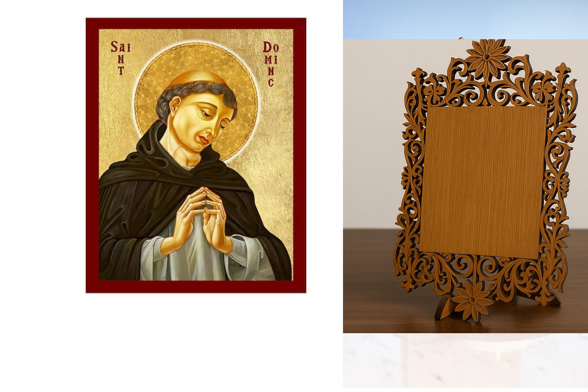 Εικόνα Ορθοδοξίας Δαντέλα μαζι με  Βάση σε  8 χρώματα με περίγραμμα χρυσό σε ξύλο Plywood (Πλακάζ)   με  βάση Εικόνα Αγίου Δομίνικου, Χειροποίητη Χριστιανική Εικόνα Αγίου Δομίνικου, Κρεμαστή πλάκα Βυζαντινής Τέχνης, Χριστιανική Θρησκευτική Τέχνη Διάσταση