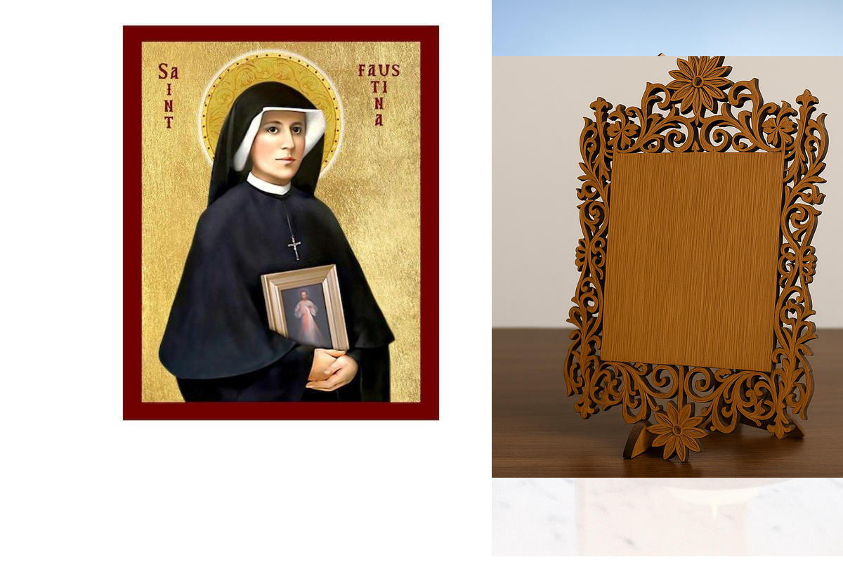 Εικόνα Ορθοδοξίας Δαντέλα μαζι με  Βάση σε  8 χρώματα με περίγραμμα χρυσό σε ξύλο Plywood (Πλακάζ)   με  βάση Εικόνα Αγίας Φαουστίνα Κοβάλσκα, Χειροποίητη Χριστιανική Εικόνα Αγίας Φαουστίνας Κοβάλσκα, Κρεμαστή πλάκα Βυζαντινής Τέχνης, Χριστιανική Θρησκευτ