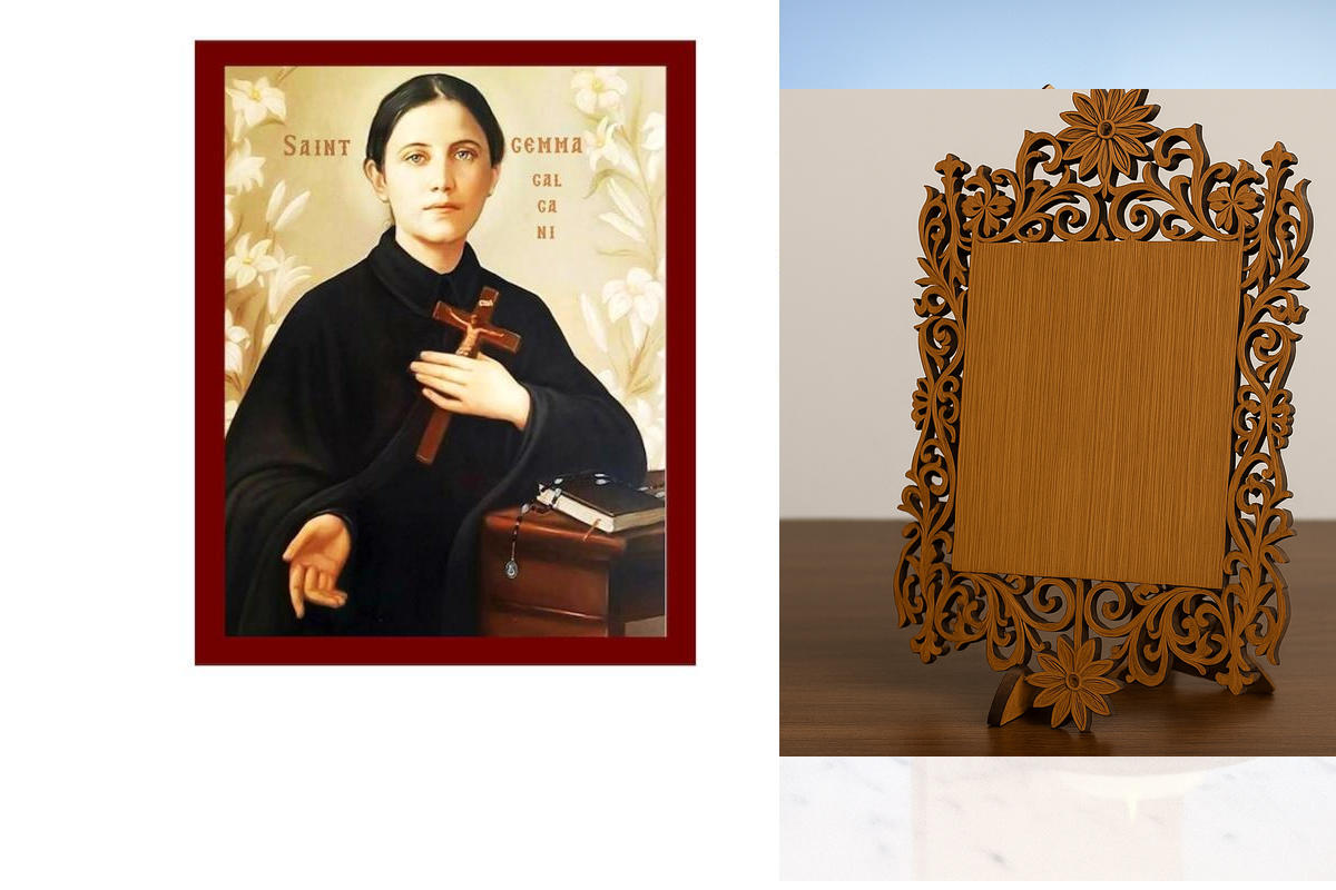 Εικόνα Ορθοδοξίας Δαντέλα μαζι με  Βάση σε  8 χρώματα με περίγραμμα χρυσό σε ξύλο Plywood (Πλακάζ)   με  βάση Εικόνα Αγίας Γκέμμα Γαλγκάνη, Χειροποίητη Χριστιανική Εικόνα Αγίας Γκέμμα Γαλγκάνη, Επιτοίχια Πλακέτα Βυζαντινής Τέχνης, Χριστιανική Θρησκευτική