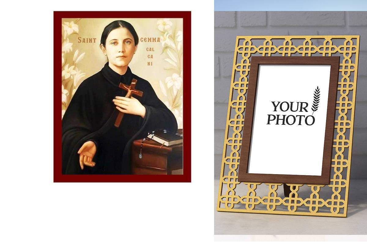 Σετ 2 τεμαχίων – Εικόνα Ορθοδοξίας Πολυτελείας  με  σχεδιο Σταυρούς μαζι με  Βάση σε  8 χρώματα με περίγραμμα χρυσό σε ξύλο Plywood (Πλακάζ)   με  βάση Εικόνα Αγίας Γκέμμα Γαλγκάνη, Χειροποίητη Χριστιανική Εικόνα Αγίας Γκέμμα Γαλγκάνη, Επιτοίχια Πλακέτα Β