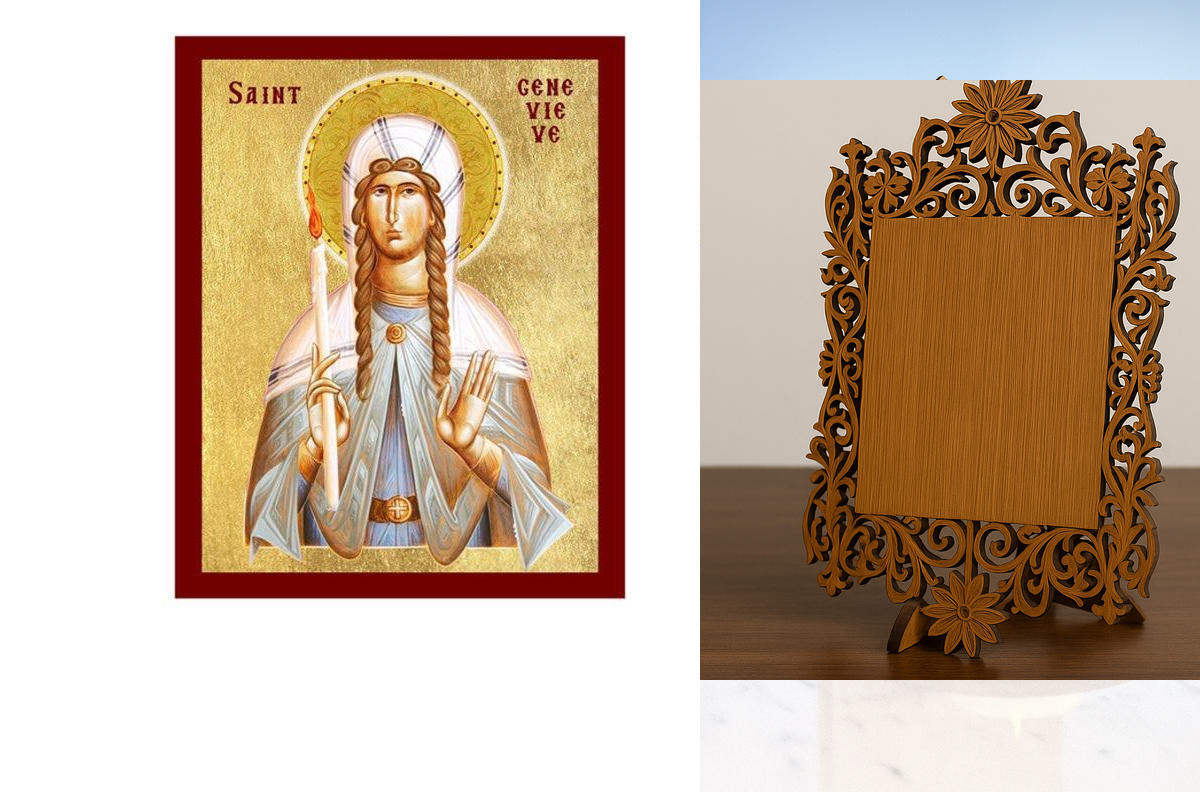 Εικόνα Ορθοδοξίας Δαντέλα μαζι με  Βάση σε  8 χρώματα με περίγραμμα χρυσό σε ξύλο Plywood (Πλακάζ)   με  βάση Εικόνα Αγίας Ζενεβιέβ του Παρισιού, Χειροποίητη Χριστιανική Εικόνα Αγίας Ζενεβιέβ, Πλακέτα Βυζαντινής Τέχνης, Χριστιανική Θρησκευτική Τέχνη Διάστ