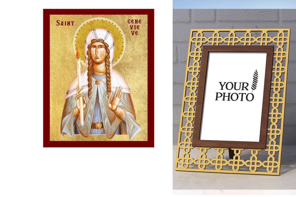 Σετ 2 τεμαχίων – Εικόνα Ορθοδοξίας Πολυτελείας  με  σχεδιο Σταυρούς μαζι με  Βάση σε  8 χρώματα με περίγραμμα χρυσό σε ξύλο Plywood (Πλακάζ)   με  βάση Εικόνα Αγίας Ζενεβιέβ του Παρισιού, Χειροποίητη Χριστιανική Εικόνα Αγίας Ζενεβιέβ, Πλακέτα Βυζαντινής Τ