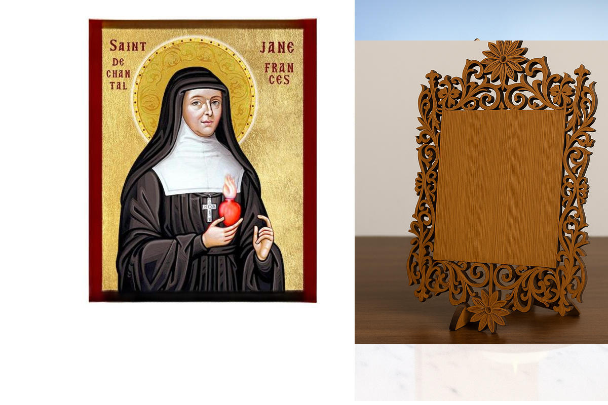 Εικόνα Ορθοδοξίας Δαντέλα μαζι με  Βάση σε  8 χρώματα με περίγραμμα χρυσό σε ξύλο Plywood (Πλακάζ)   με  βάση Εικόνα Saint Jane de Chantal, Χειροποίητη θρησκευτική εικόνα της Αγίας Τζέιν, Κρεμαστή πλάκα Βυζαντινής Τέχνης, Χριστιανική Θρησκευτική Τέχνη Διά