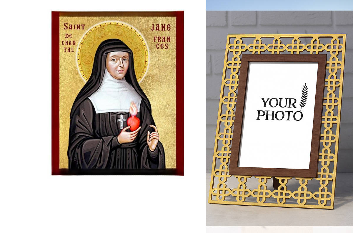 Εικόνα Ορθοδοξίας Πολυτελείας  με  σχεδιο Σταυρούς μαζι με  Βάση σε  8 χρώματα με περίγραμμα χρυσό σε ξύλο Plywood (Πλακάζ)   με  βάση Εικόνα Saint Jane de Chantal, Χειροποίητη θρησκευτική εικόνα της Αγίας Τζέιν, Κρεμαστή πλάκα Βυζαντινής Τέχνης, Χριστιαν