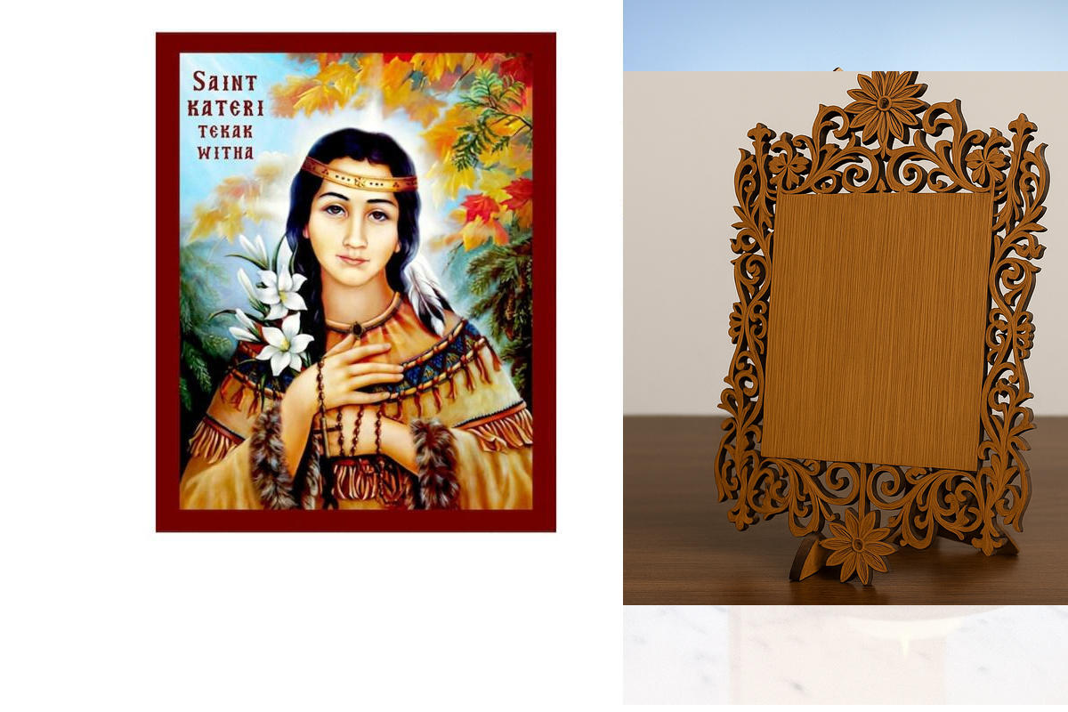 Εικόνα Ορθοδοξίας Δαντέλα μαζι με  Βάση σε  8 χρώματα με περίγραμμα χρυσό σε ξύλο Plywood (Πλακάζ)   με  βάση Εικόνα Santa Kateri Tekakwitha, Χειροποίητη Θρησκευτική Εικόνα Santa Kateri Tekakwitha, Κρεμαστή Πλακέτα Βυζαντινής Τέχνης, Χριστιανική Θρησκευτι
