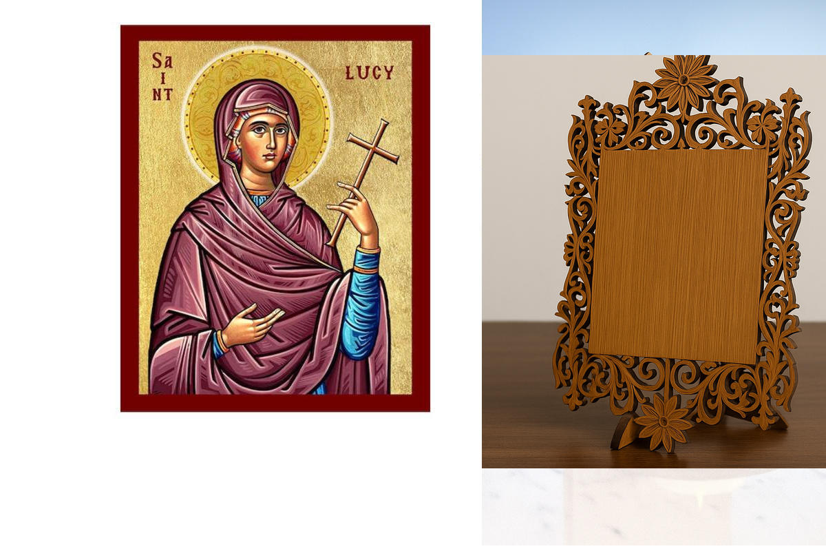 Εικόνα Ορθοδοξίας Δαντέλα μαζι με  Βάση σε  8 χρώματα με περίγραμμα χρυσό σε ξύλο Plywood (Πλακάζ)   με  βάση Εικόνα Αγίας Λουκίας, Χειροποίητη Θρησκευτική Εικόνα Αγίας Λουσίας, Κρεμαστή πλάκα Βυζαντινής Τέχνης, Χριστιανική Θρησκευτική Τέχνη Διάσταση 45x3