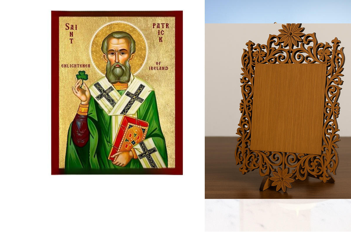 Σετ 2 τεμαχίων – Εικόνα Ορθοδοξίας Δαντέλα μαζι με  Βάση σε  8 χρώματα με περίγραμμα χρυσό σε ξύλο Plywood (Πλακάζ)   με  βάση Εικόνα Αγίου Πατρικίου της Ιρλανδίας, Χειροποίητη Θρησκευτική Εικόνα του Αγίου Πατρικίου, Κρεμαστή πλάκα Βυζαντινής Τέχνης, Χρισ