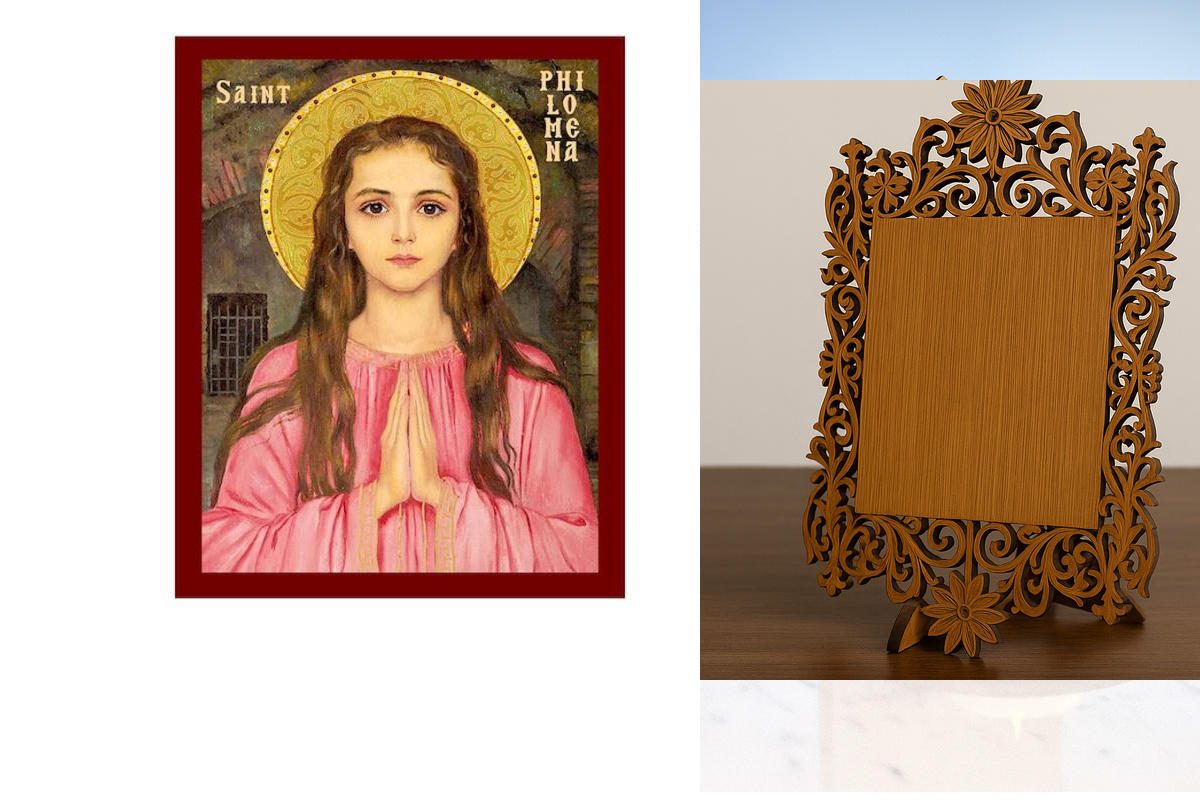 Σετ 2 τεμαχίων – Εικόνα Ορθοδοξίας Δαντέλα μαζι με  Βάση σε  8 χρώματα με περίγραμμα χρυσό σε ξύλο Plywood (Πλακάζ)   με  βάση Εικόνα Αγίας Φιλομένης, Χειροποίητη Καθολική Εικόνα Αγίας Φιλομένης, Επιτοίχια Πλακέτα Βυζαντινής Τέχνης, Χριστιανική Θρησκευτικ