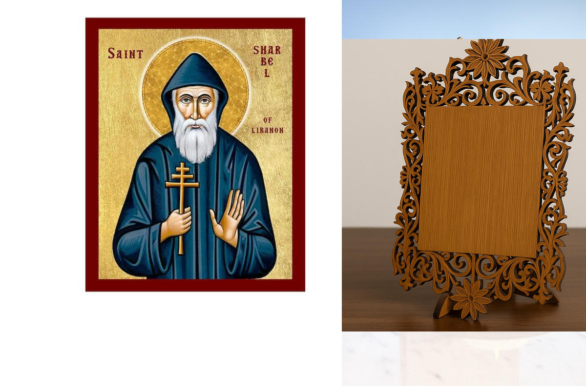 Εικόνα Ορθοδοξίας Δαντέλα μαζι με  Βάση σε  8 χρώματα με περίγραμμα χρυσό σε ξύλο Plywood (Πλακάζ)   με  βάση Εικόνα Saint Sharbel Makhlouf, Χειροποίητη Καθολική Εικόνα του Saint Sharbel Makhlouf, Κρεμαστή πλάκα Βυζαντινής Τέχνης, Χριστιανική Θρησκευτική