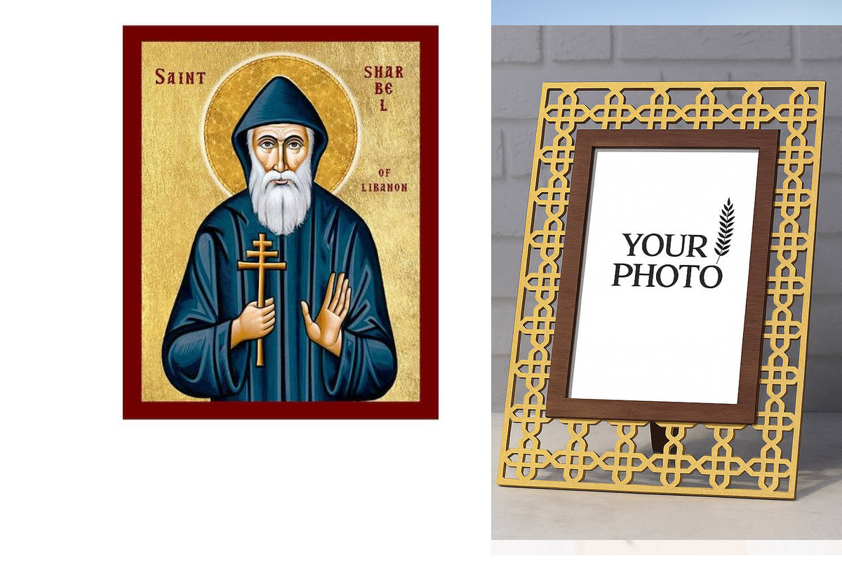 Εικόνα Ορθοδοξίας Πολυτελείας  με  σχεδιο Σταυρούς μαζι με  Βάση σε  8 χρώματα με περίγραμμα χρυσό σε ξύλο Plywood (Πλακάζ)   με  βάση Εικόνα Saint Sharbel Makhlouf, Χειροποίητη Καθολική Εικόνα του Saint Sharbel Makhlouf, Κρεμαστή πλάκα Βυζαντινής Τέχνης,