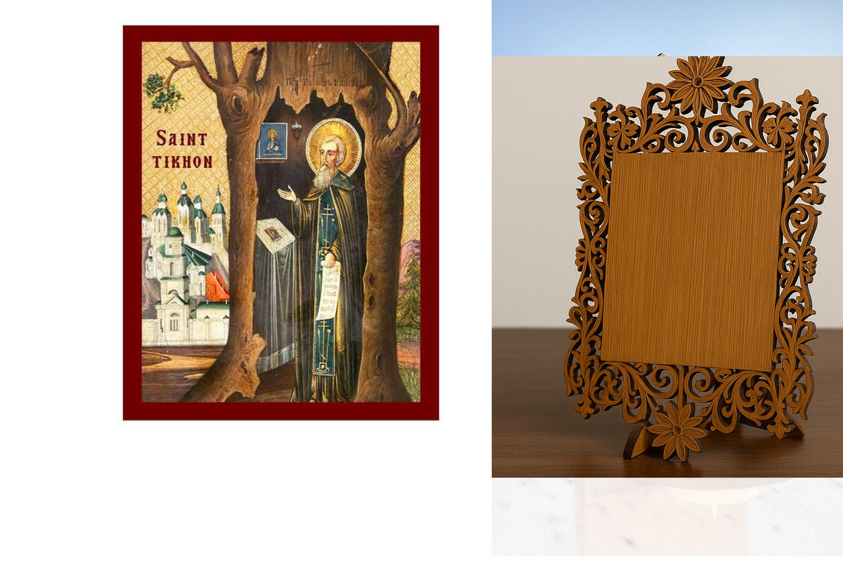 Εικόνα Ορθοδοξίας Δαντέλα μαζι με  Βάση σε  8 χρώματα με περίγραμμα χρυσό σε ξύλο Plywood (Πλακάζ)   με  βάση Εικόνα Αγίου Τύχωνα, Χειροποίητη Ορθόδοξη Εικόνα του Αγίου Τύχωνα, Επιτοίχια πλάκα Βυζαντινής Τέχνης, Χριστιανική Θρησκευτική Τέχνη Διάσταση 40x3