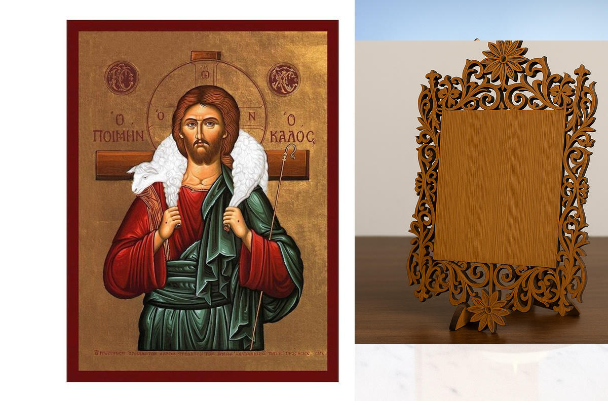 Εικόνα Ορθοδοξίας Δαντέλα μαζι με  Βάση σε  8 χρώματα με περίγραμμα χρυσό σε ξύλο Plywood (Πλακάζ)   με  βάση Ιησούς Χριστός ο Καλός Ποιμένας, Χειροποίητη Ελληνορθόδοξη εικόνα του Ιησού Χριστού, Κρεμαστή πλάκα βυζαντινής τέχνης, χριστιανική τέχνη Διάσταση