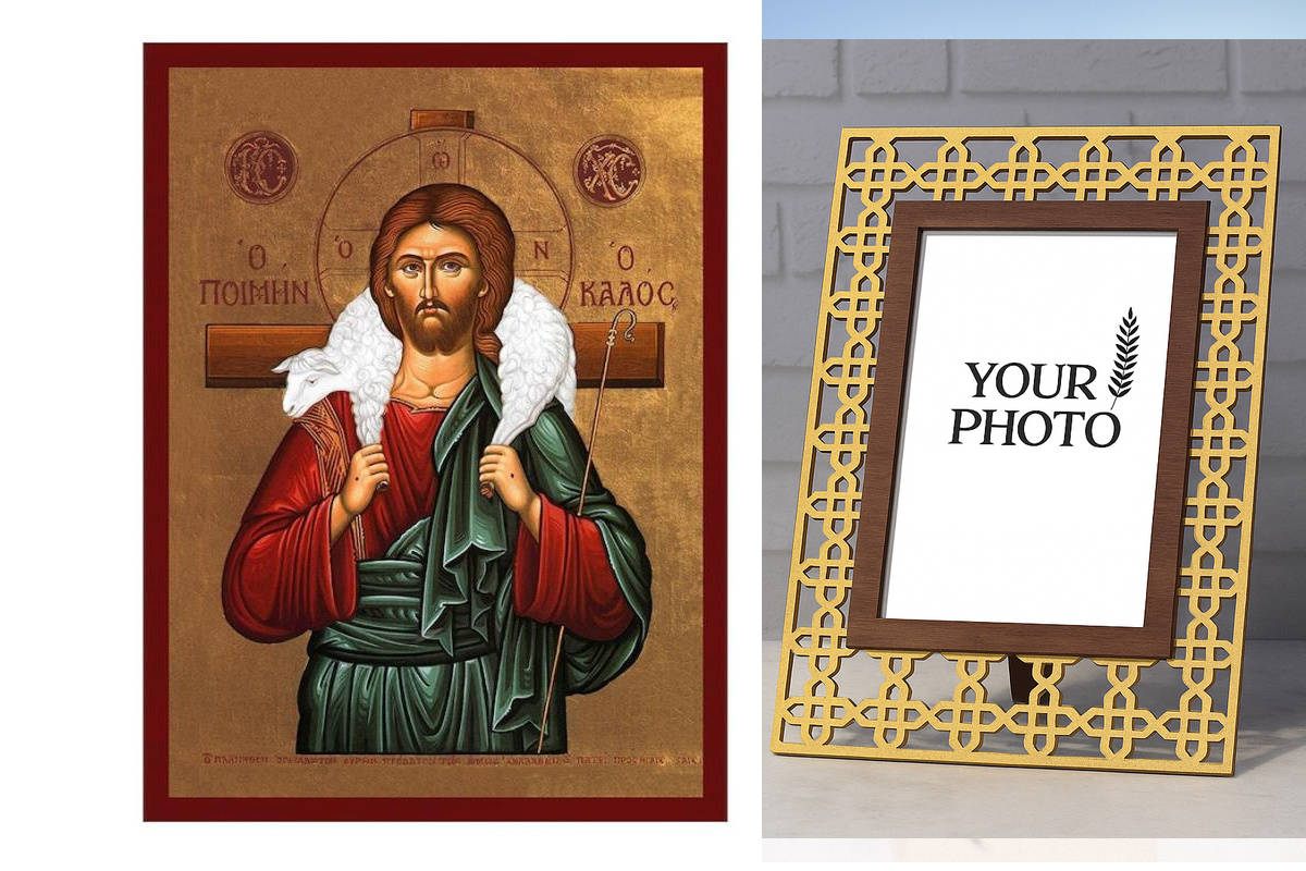 Εικόνα Ορθοδοξίας Πολυτελείας  με  σχεδιο Σταυρούς μαζι με  Βάση σε  8 χρώματα με περίγραμμα χρυσό σε ξύλο Plywood (Πλακάζ)   με  βάση Ιησούς Χριστός ο Καλός Ποιμένας, Χειροποίητη Ελληνορθόδοξη εικόνα του Ιησού Χριστού, Κρεμαστή πλάκα βυζαντινής τέχνης, χ