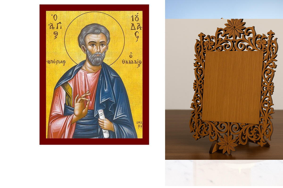 Εικόνα Ορθοδοξίας Δαντέλα μαζι με  Βάση σε  8 χρώματα με περίγραμμα χρυσό σε ξύλο Plywood (Πλακάζ)   με  βάση Άγιος Ιούδας Θαδδαίος ο Απόστολος, Χειροποίητη ελληνική εικόνα του Αγίου Ιούδα Θαδδαίου, επιτοίχια πλάκα βυζαντινής τέχνης, χριστιανικό δώρο Διάσ