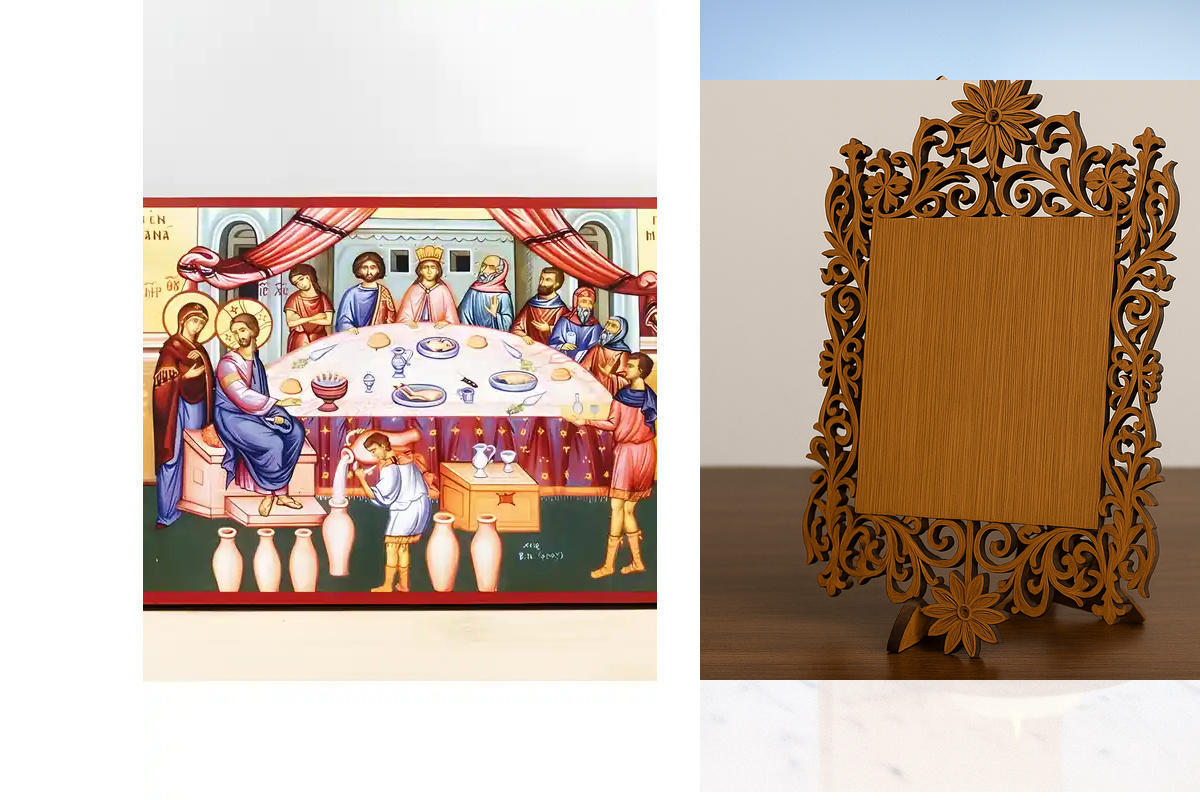 Εικόνα Ορθοδοξίας Δαντέλα μαζι με  Βάση σε  8 χρώματα με περίγραμμα χρυσό σε ξύλο Plywood (Πλακάζ)   με  βάση Γάμος Ιησούς Χριστός στην Κανά, Ξύλινη Χειροποίητη Εικόνα Ελληνικού Premium Βυζαντινού Στυλ τοίχου που κρεμιέται σε ξύλινη πλάκα Ορθόδοξο θρησκευ