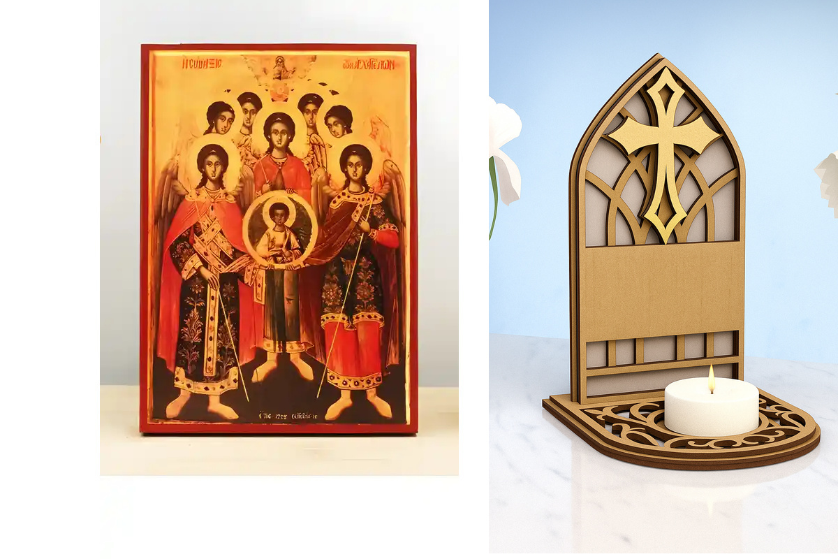 Εικόνα Ορθοδοξίας Καντηλάκι σε  8 χρώματα με περίγραμμα χρυσό σε ξύλο Plywood (Πλακάζ)   με  βάση Σύναξη Αρχαγγέλων με τον Ιησού Χριστό Παλιάς τεχνοτροπίας, Ξύλινη Χειροποίητη Εικόνα Ελληνική Premium Βυζαντινού Στυλ τοίχου Κρεμασμένη σε ξύλινη πλάκα Θρησκ