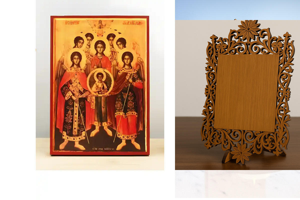 Εικόνα Ορθοδοξίας Δαντέλα μαζι με  Βάση σε  8 χρώματα με περίγραμμα χρυσό σε ξύλο Plywood (Πλακάζ)   με  βάση Σύναξη Αρχαγγέλων με τον Ιησού Χριστό Παλιάς τεχνοτροπίας, Ξύλινη Χειροποίητη Εικόνα Ελληνική Premium Βυζαντινού Στυλ τοίχου Κρεμασμένη σε ξύλινη