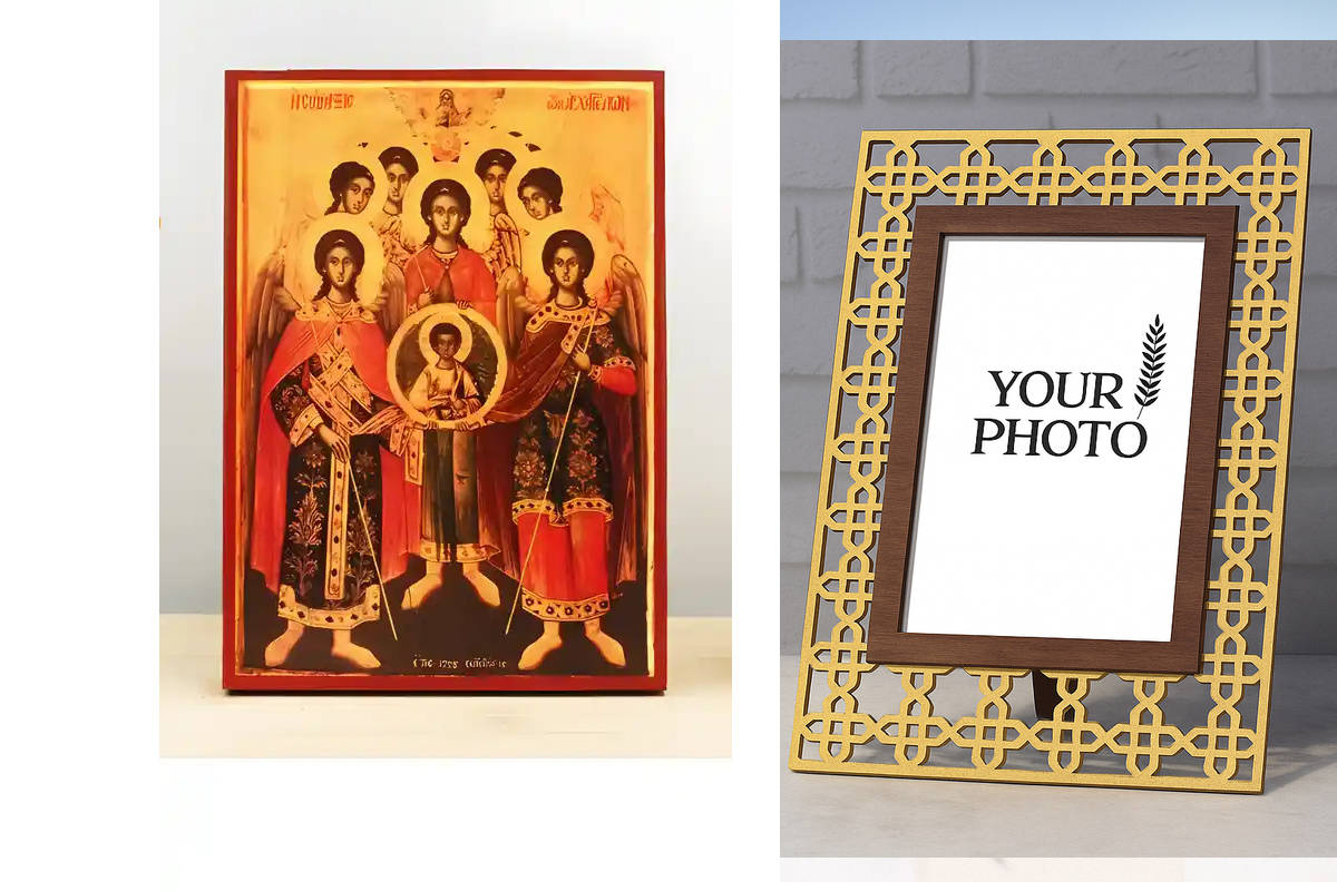 Εικόνα Ορθοδοξίας Πολυτελείας  με  σχεδιο Σταυρούς μαζι με  Βάση σε  8 χρώματα με περίγραμμα χρυσό σε ξύλο Plywood (Πλακάζ)   με  βάση Σύναξη Αρχαγγέλων με τον Ιησού Χριστό Παλιάς τεχνοτροπίας, Ξύλινη Χειροποίητη Εικόνα Ελληνική Premium Βυζαντινού Στυλ το