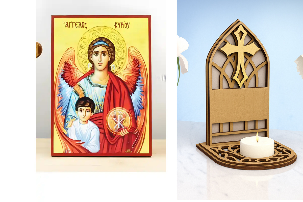 Εικόνα Ορθοδοξίας Καντηλάκι σε  8 χρώματα με περίγραμμα χρυσό σε ξύλο Plywood (Πλακάζ)   με  βάση Angel of the Lord Protector of Children, Ξύλινη Χειροποίητη Εικόνα Ελληνικού Premium Βυζαντινού Στυλ Κρεμασμένο σε ξύλινη πλάκα Θρησκευτικό θέμα Χειροποίητη