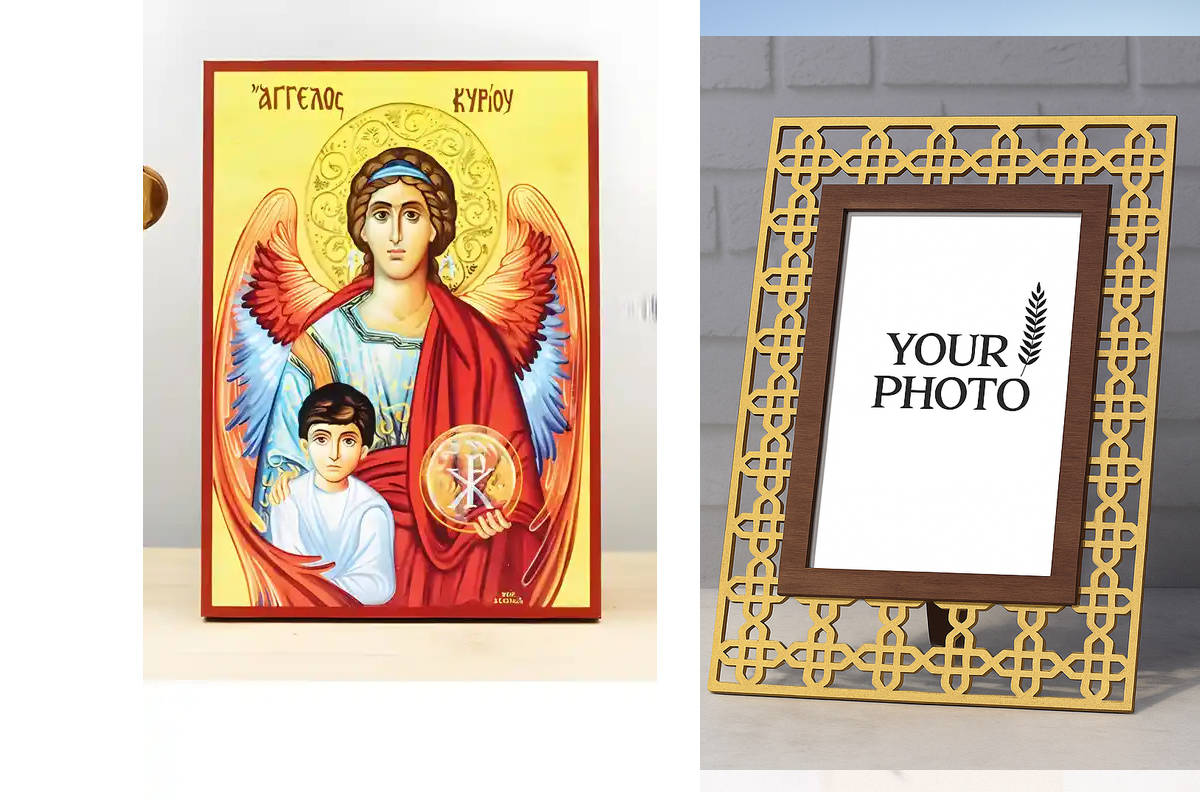 Εικόνα Ορθοδοξίας Πολυτελείας  με  σχεδιο Σταυρούς μαζι με  Βάση σε  8 χρώματα με περίγραμμα χρυσό σε ξύλο Plywood (Πλακάζ)   με  βάση Angel of the Lord Protector of Children, Ξύλινη Χειροποίητη Εικόνα Ελληνικού Premium Βυζαντινού Στυλ Κρεμασμένο σε ξύλιν