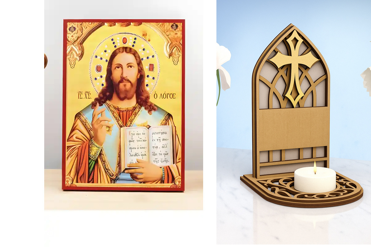 Εικόνα Ορθοδοξίας Καντηλάκι σε  8 χρώματα με περίγραμμα χρυσό σε ξύλο Plywood (Πλακάζ)   με  βάση Ο Ιησούς Χριστός Ευλογία – Στην αρχή ήταν ο Κόλπος, Ξύλινη Χειροποίητη Εικόνα Ελληνικής Premium Βυζαντινού Στυλ τοίχου Κρεμασμένη σε Πλάκα Θρησκευτικό Χειροπ