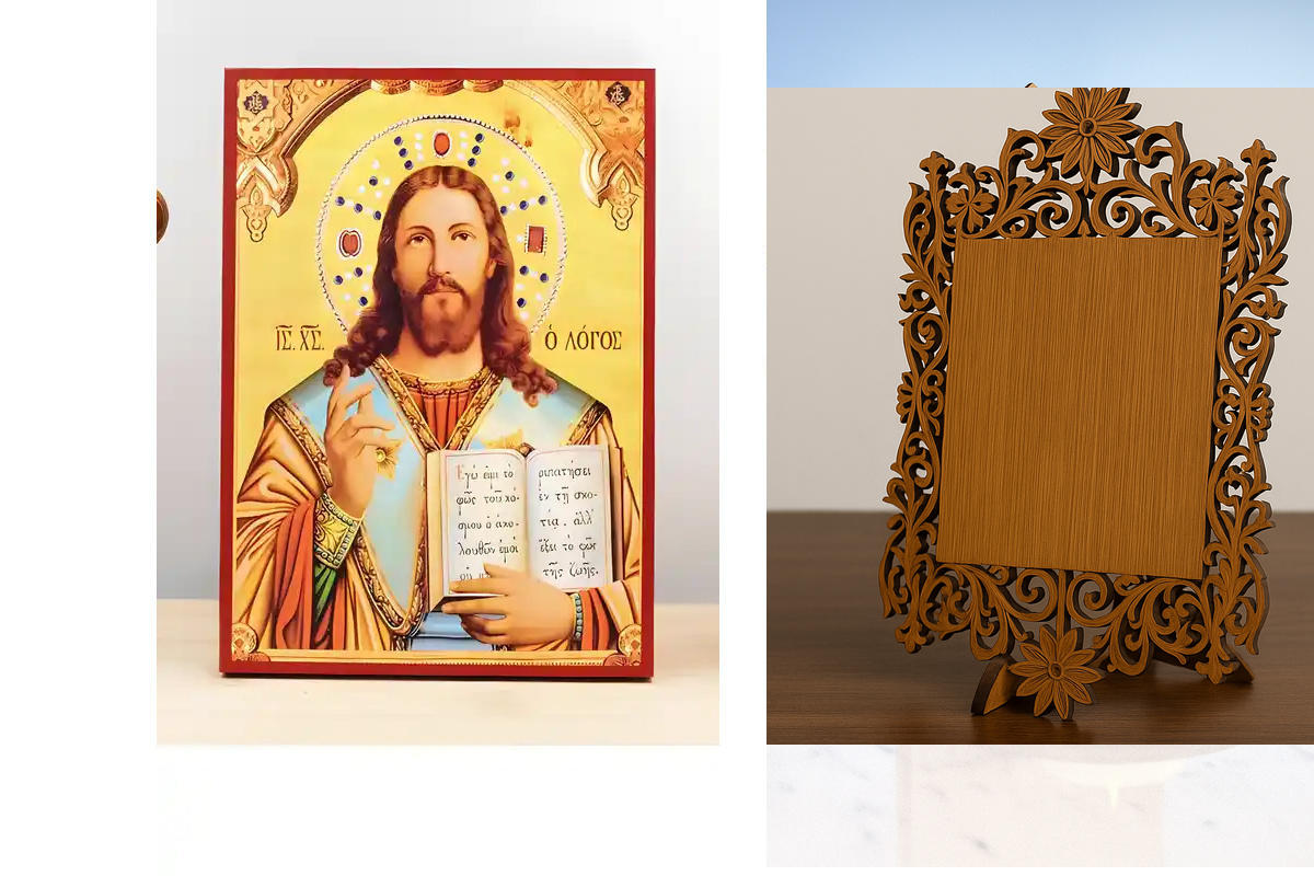 Εικόνα Ορθοδοξίας Δαντέλα μαζι με  Βάση σε  8 χρώματα με περίγραμμα χρυσό σε ξύλο Plywood (Πλακάζ)   με  βάση Ο Ιησούς Χριστός Ευλογία – Στην αρχή ήταν ο Κόλπος, Ξύλινη Χειροποίητη Εικόνα Ελληνικής Premium Βυζαντινού Στυλ τοίχου Κρεμασμένη σε Πλάκα Θρησκε