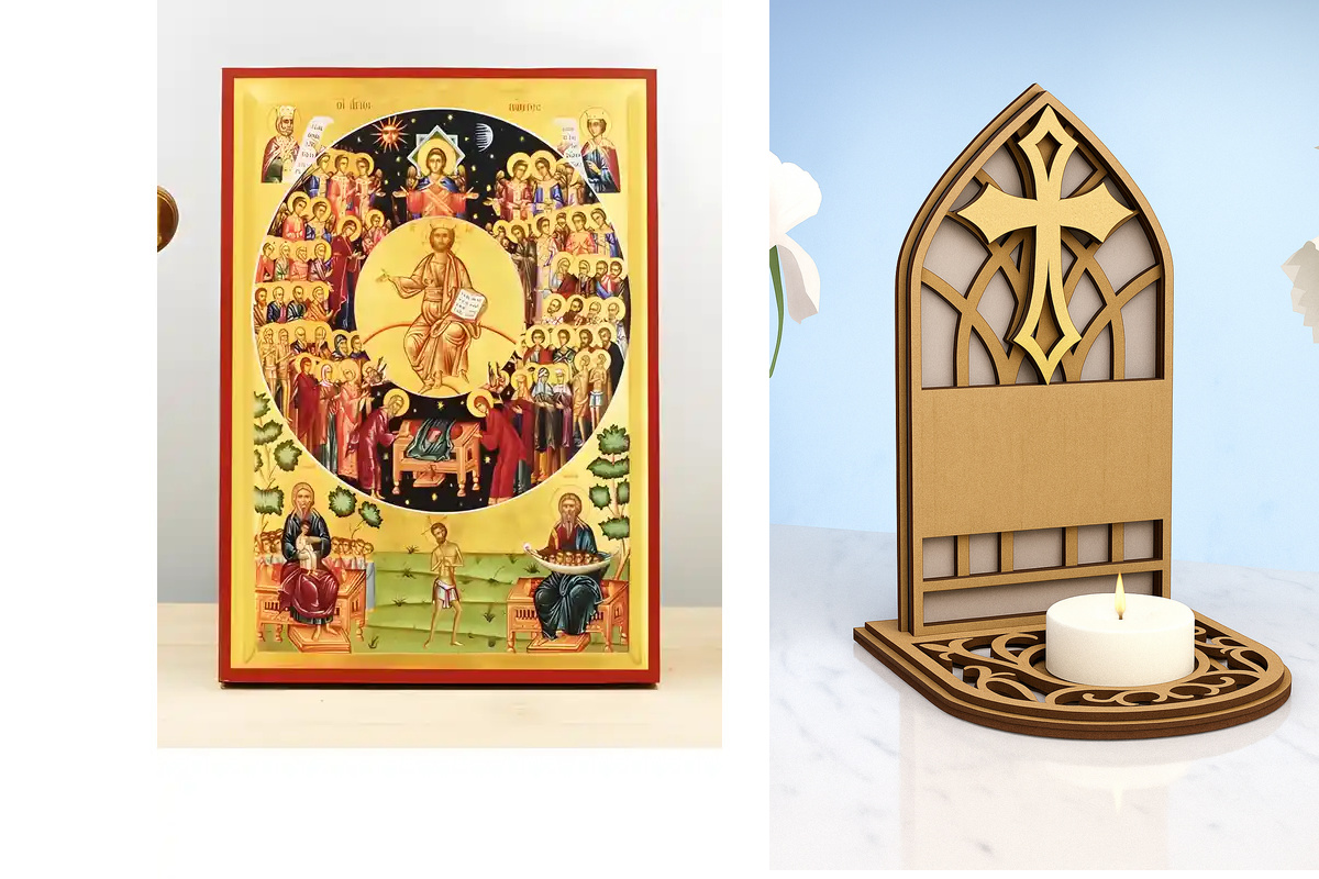 Εικόνα Ορθοδοξίας Καντηλάκι σε  8 χρώματα με περίγραμμα χρυσό σε ξύλο Plywood (Πλακάζ)   με  βάση Γιορτή των Αγίων Πάντων, Ξύλινη Χειροποίητη Εικόνα Ελληνικού Premium Βυζαντινού Στυλ Κρεμασμένο σε ξύλινη πλάκα Θρησκευτικό θέμα Χειροποίητη Ελληνορθόδοξη ει