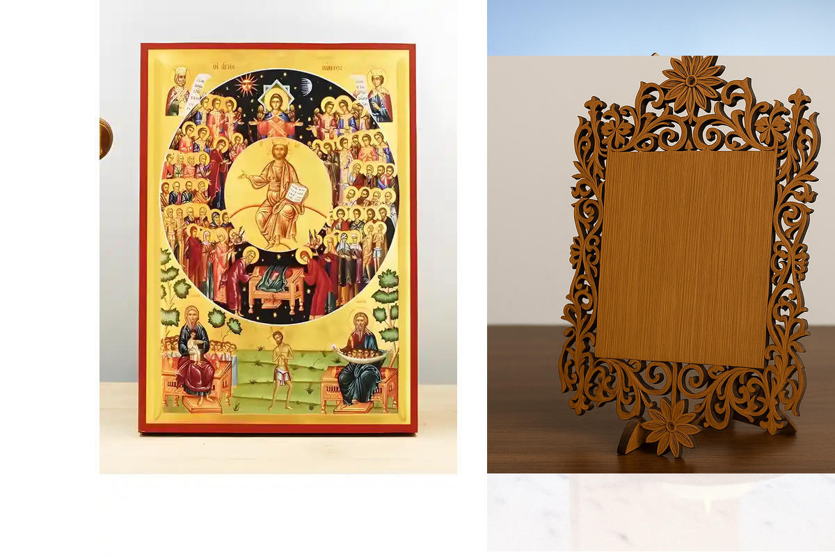 Εικόνα Ορθοδοξίας Δαντέλα μαζι με  Βάση σε  8 χρώματα με περίγραμμα χρυσό σε ξύλο Plywood (Πλακάζ)   με  βάση Γιορτή των Αγίων Πάντων, Ξύλινη Χειροποίητη Εικόνα Ελληνικού Premium Βυζαντινού Στυλ Κρεμασμένο σε ξύλινη πλάκα Θρησκευτικό θέμα Χειροποίητη Ελλη